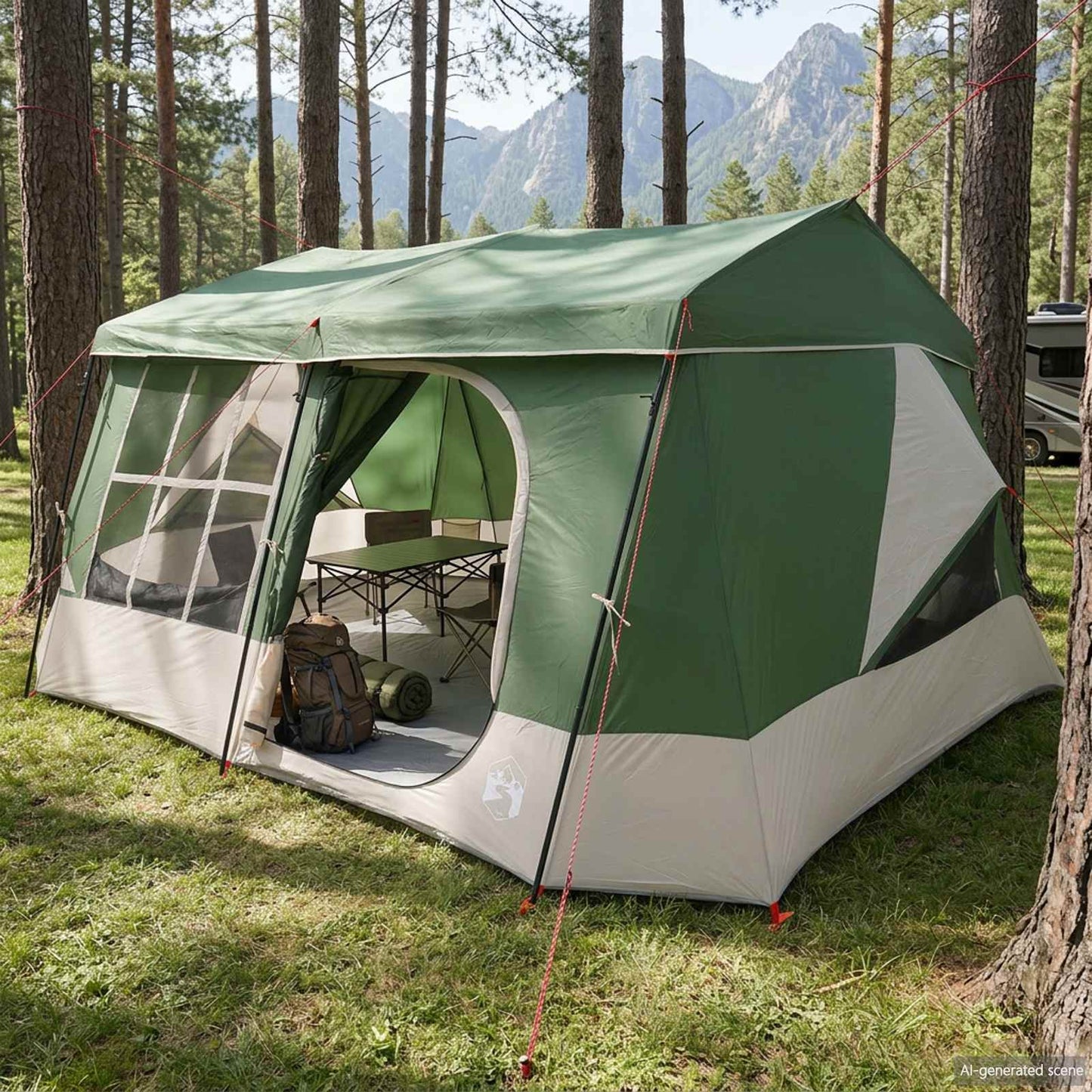 Familietelt med regntrekk, vanntett 9 person 9-person Grønn