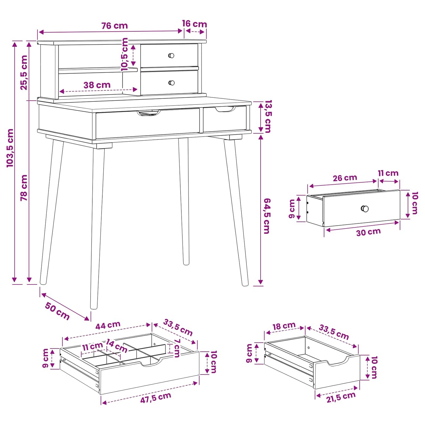 Sminkebordsett FAUSKE 2 stk. Hvit 76 x 50 x 103,5 cm