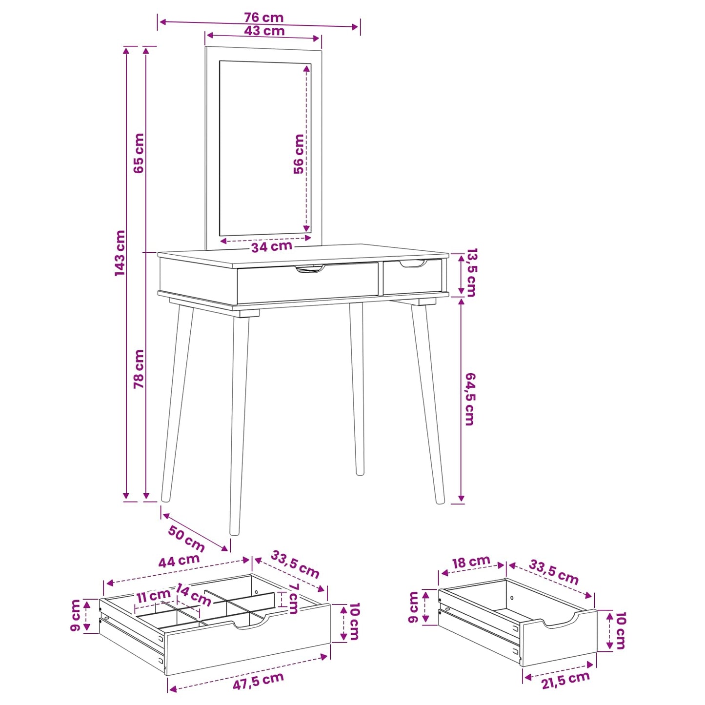 Sminkebordsett FAUSKE 2 pcs Hvit 76 x 50 x 143 cm
