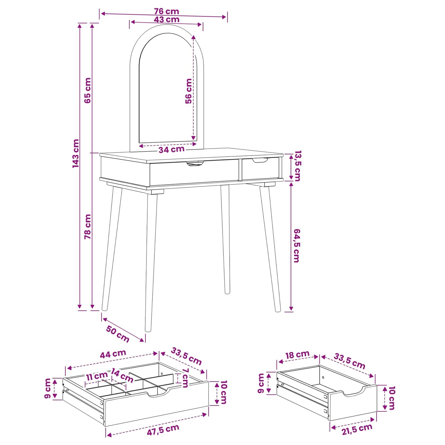 Sminkebordsett FAUSKE 2 pcs Hvit 76 x 50 x 143 cm