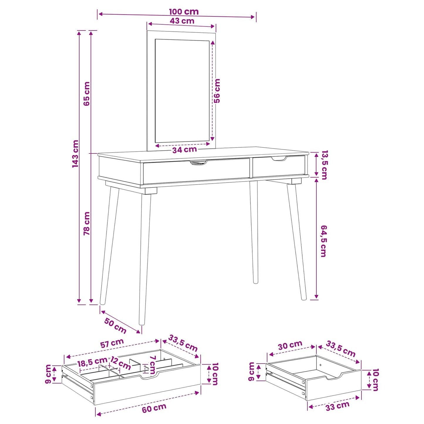 Sminkebordsett FAUSKE 2 pcs Hvit 100 x 50 x 143 cm