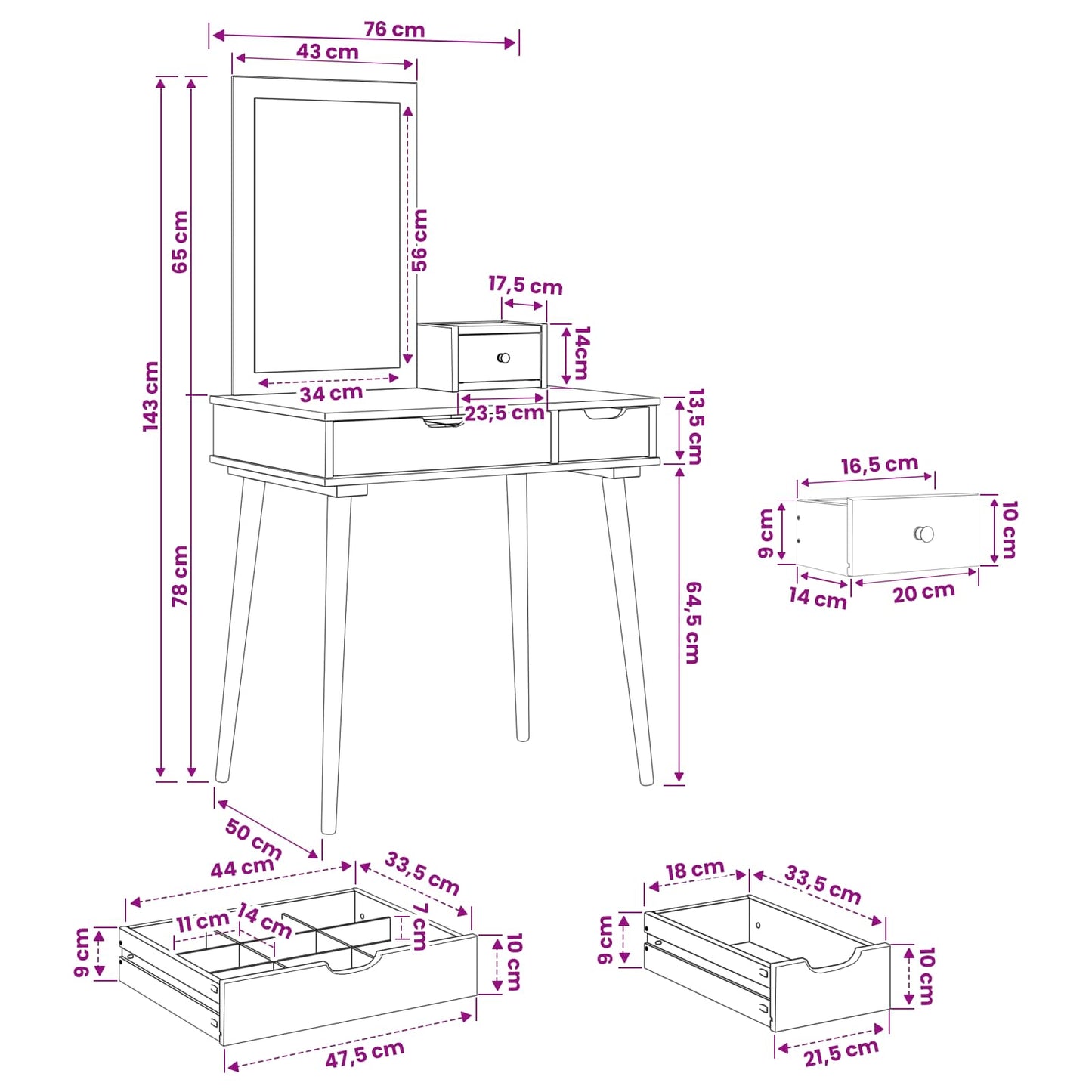 Sminkebordsett FAUSKE 3 pcs Hvit 76 x 50 x 143 cm