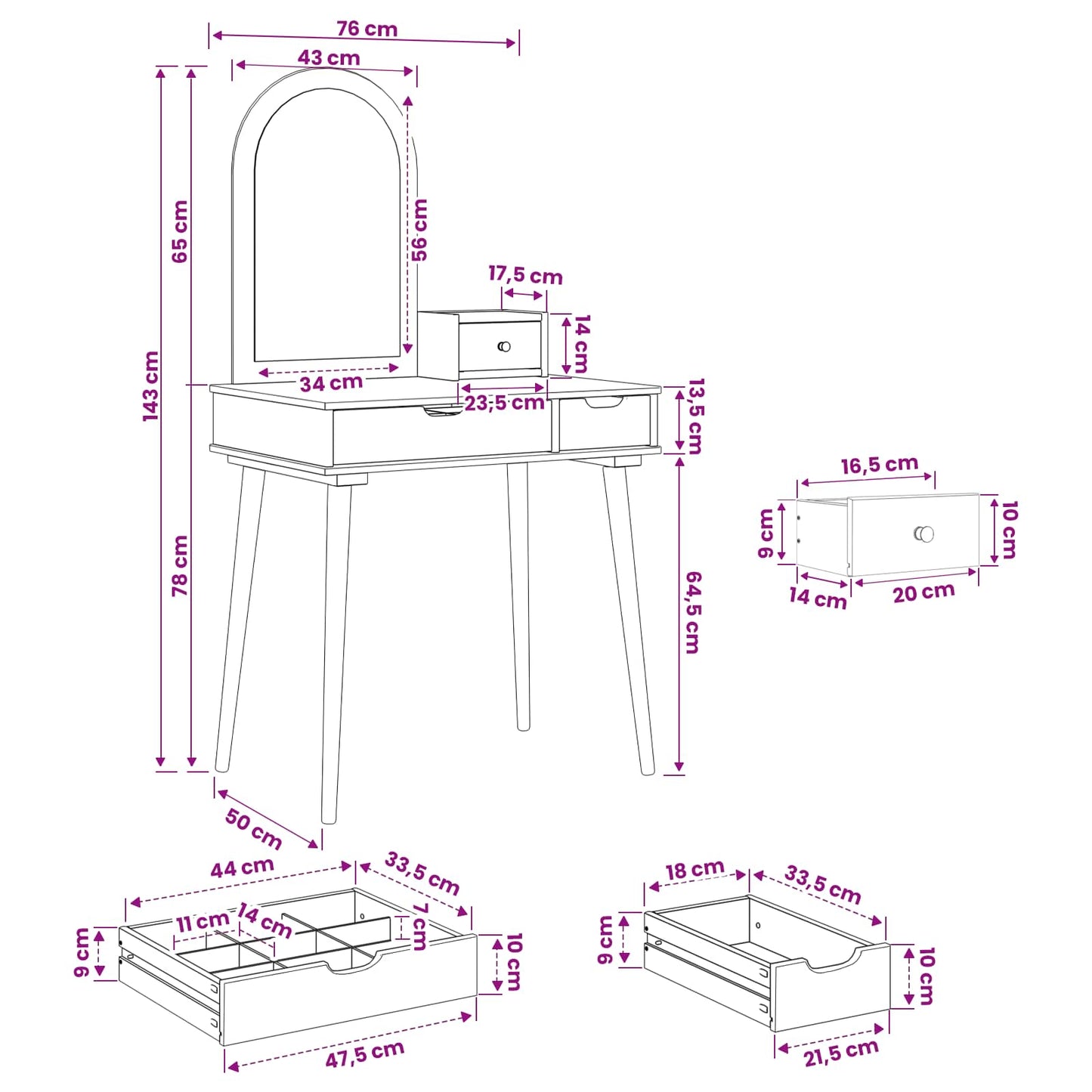Sminkebordsett FAUSKE 3 pcs Hvit 76 x 50 x 143 cm