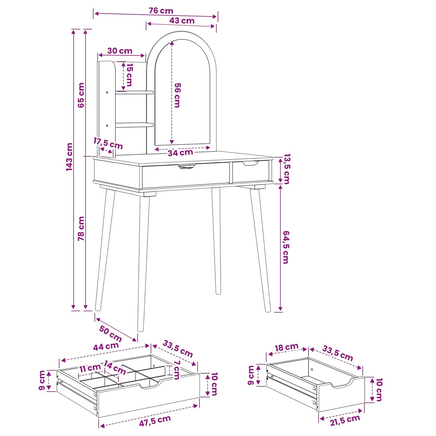 Sminkebordsett FAUSKE 3 pcs Hvit 76 x 50 x 143 cm