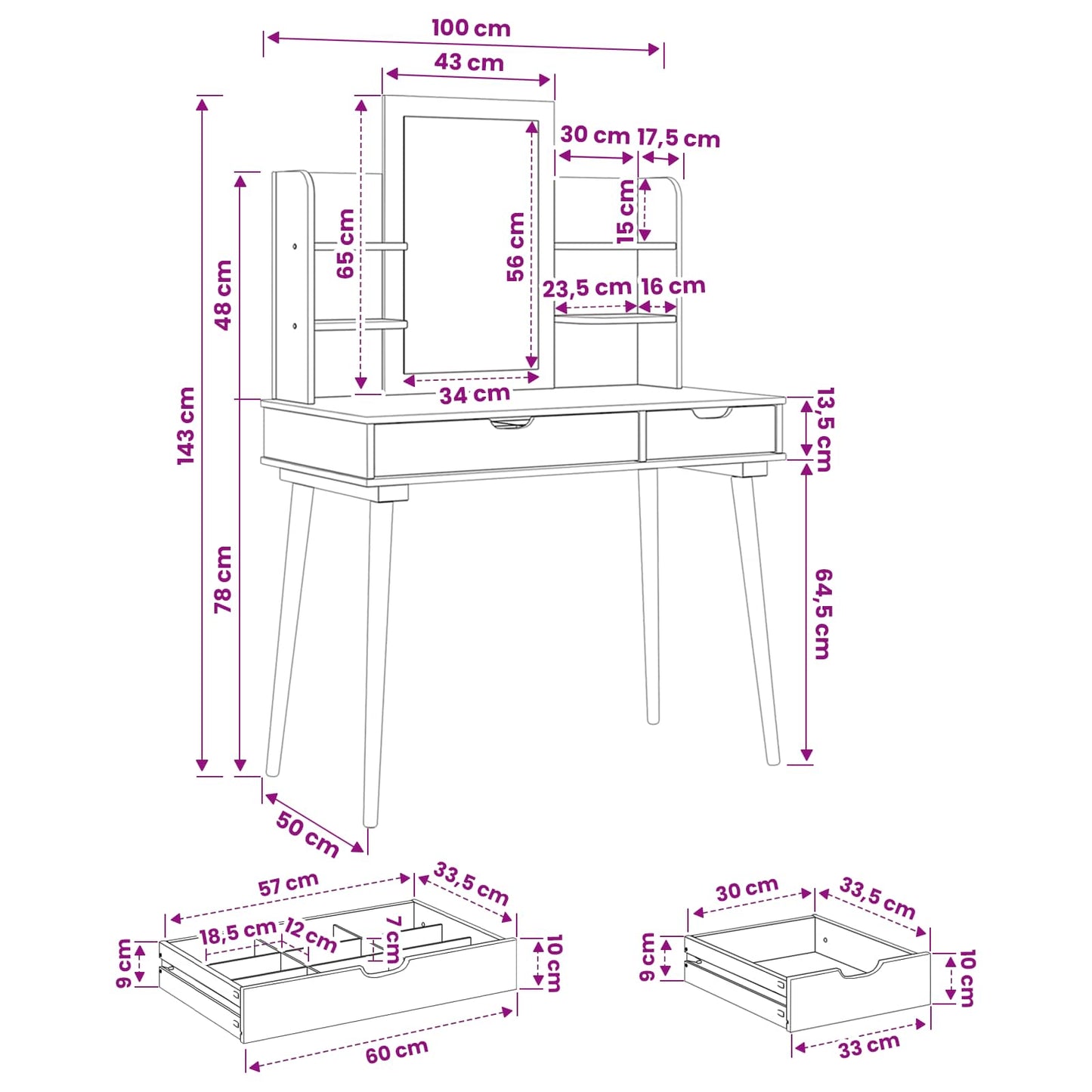 Sminkebordsett FAUSKE 4 pcs Hvit 100 x 50 x 143 cm