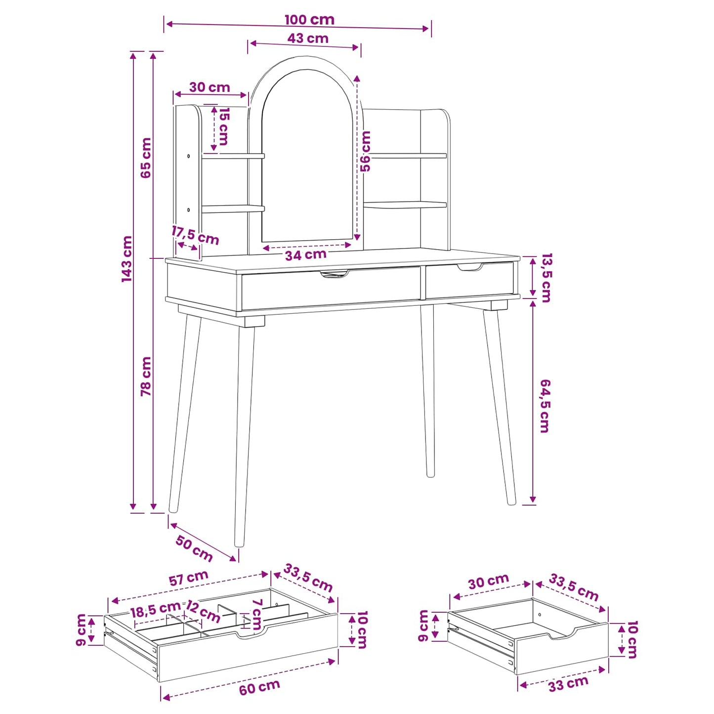 Sminkebordsett FAUSKE 4 pcs Hvit 100 x 50 x 143 cm