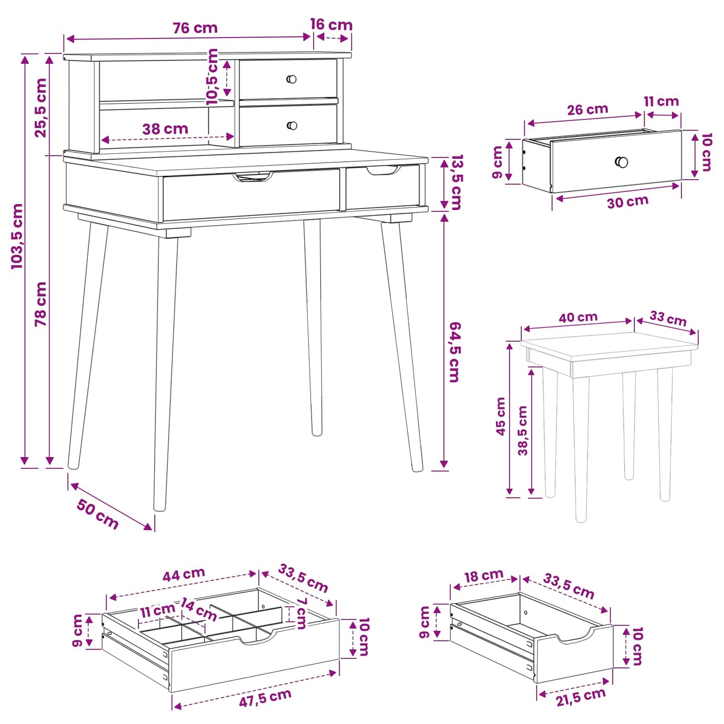 Sminkebordsett FAUSKE 3 pcs Hvit 76 x 50 x 103,5 cm