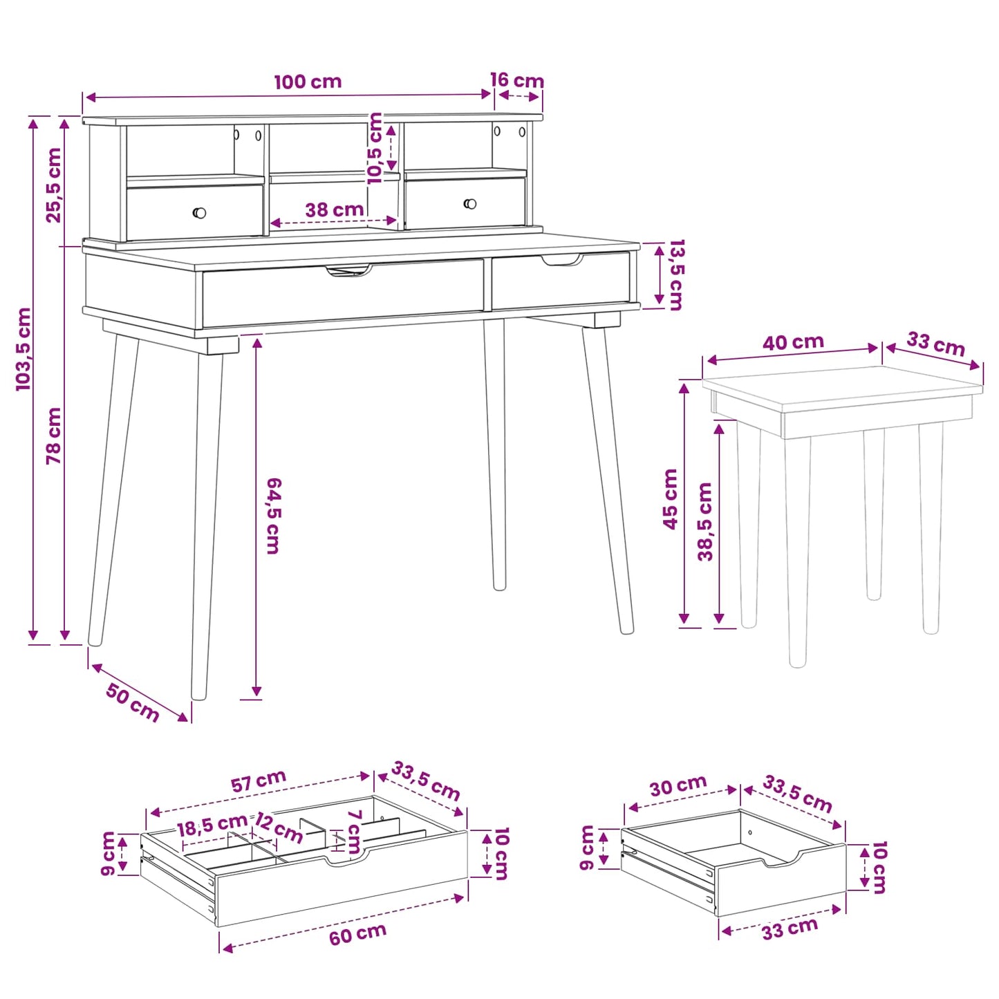 Sminkebordsett FAUSKE 3 pcs Hvit 100 x 50 x 103,5 cm
