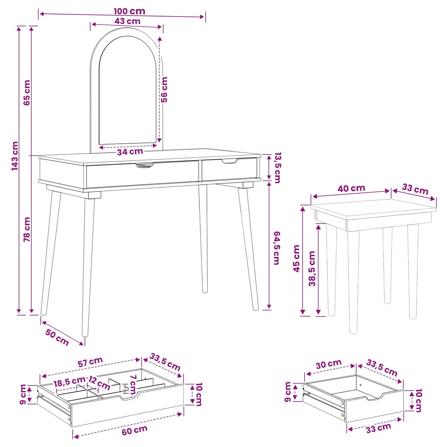 Sminkebordsett FAUSKE 3 pcs Hvit 100 x 50 x 143 cm