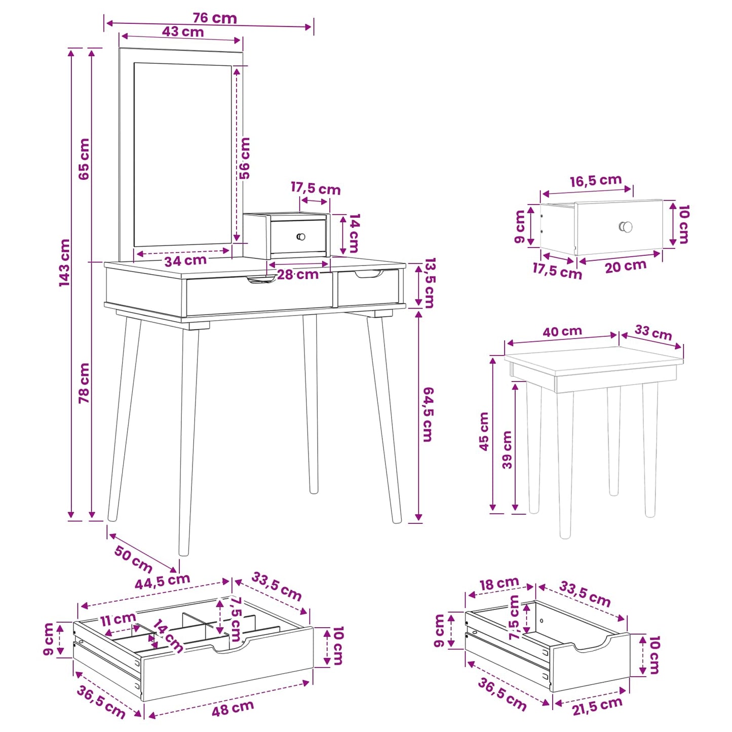Sminkebordsett FAUSKE 4 pcs Hvit 76 x 50 x 143 cm