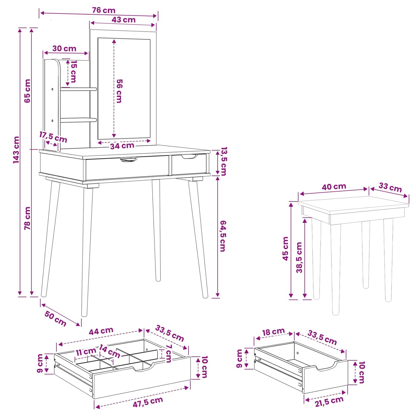 Sminkebordsett FAUSKE 4 pcs Hvit 76 x 50 x 143 cm