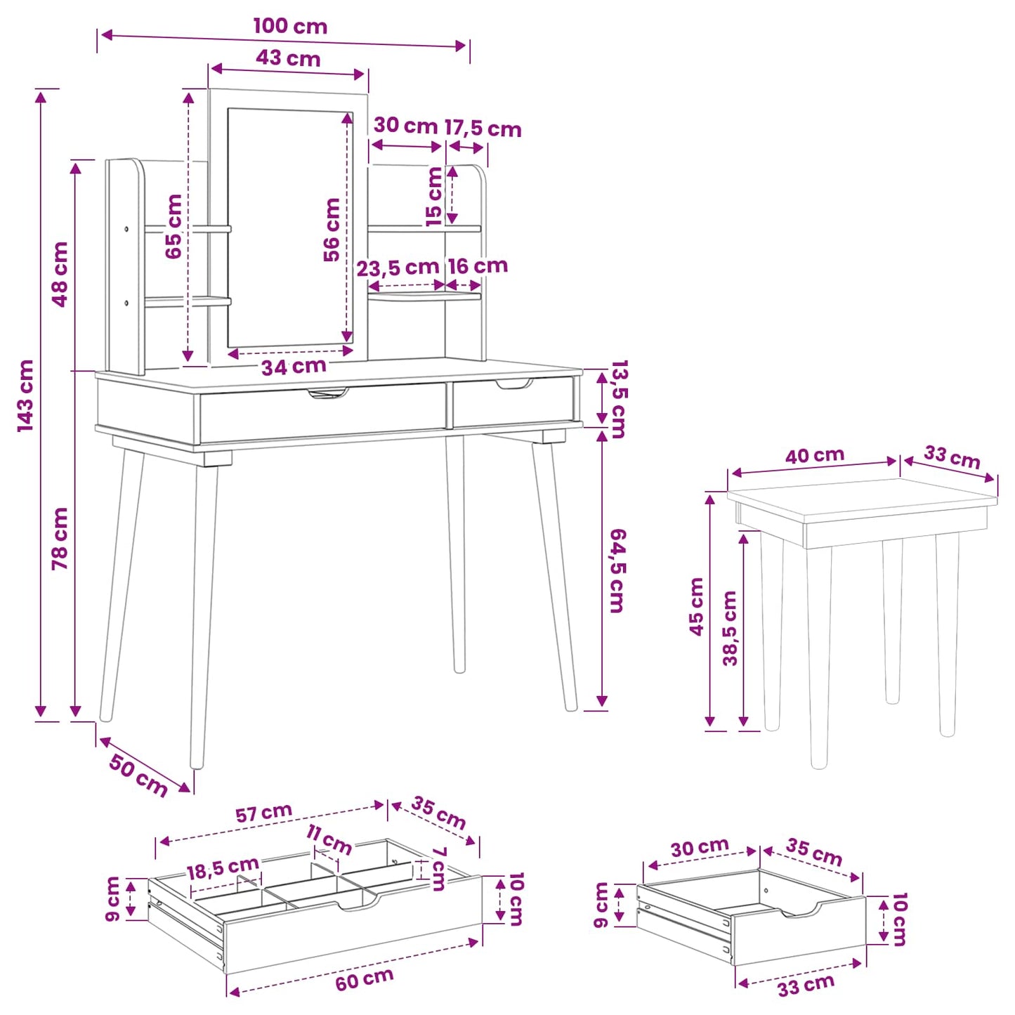 Sminkebordsett FAUSKE 5 stk. Hvit 100 x 50 x 143 cm