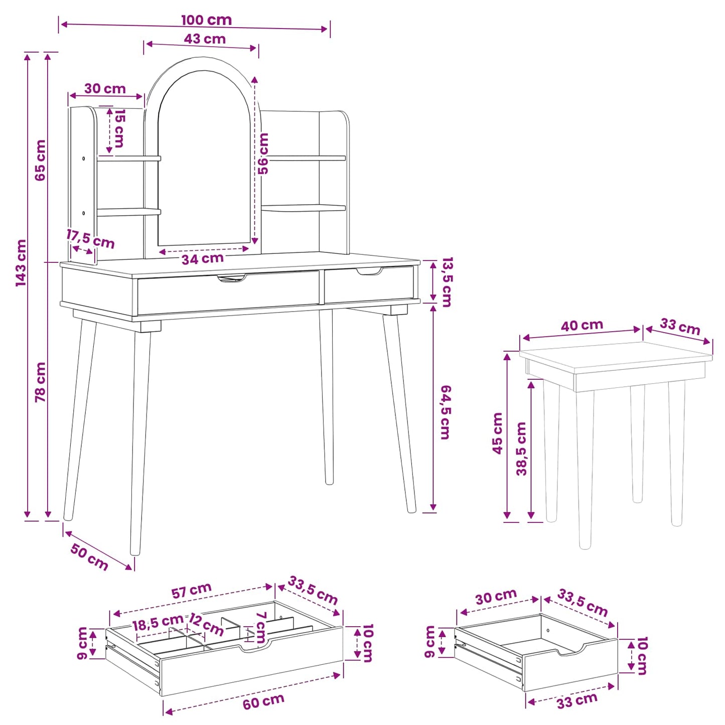 Sminkebordsett FAUSKE 5 pcs Hvit 100 x 50 x 143 cm
