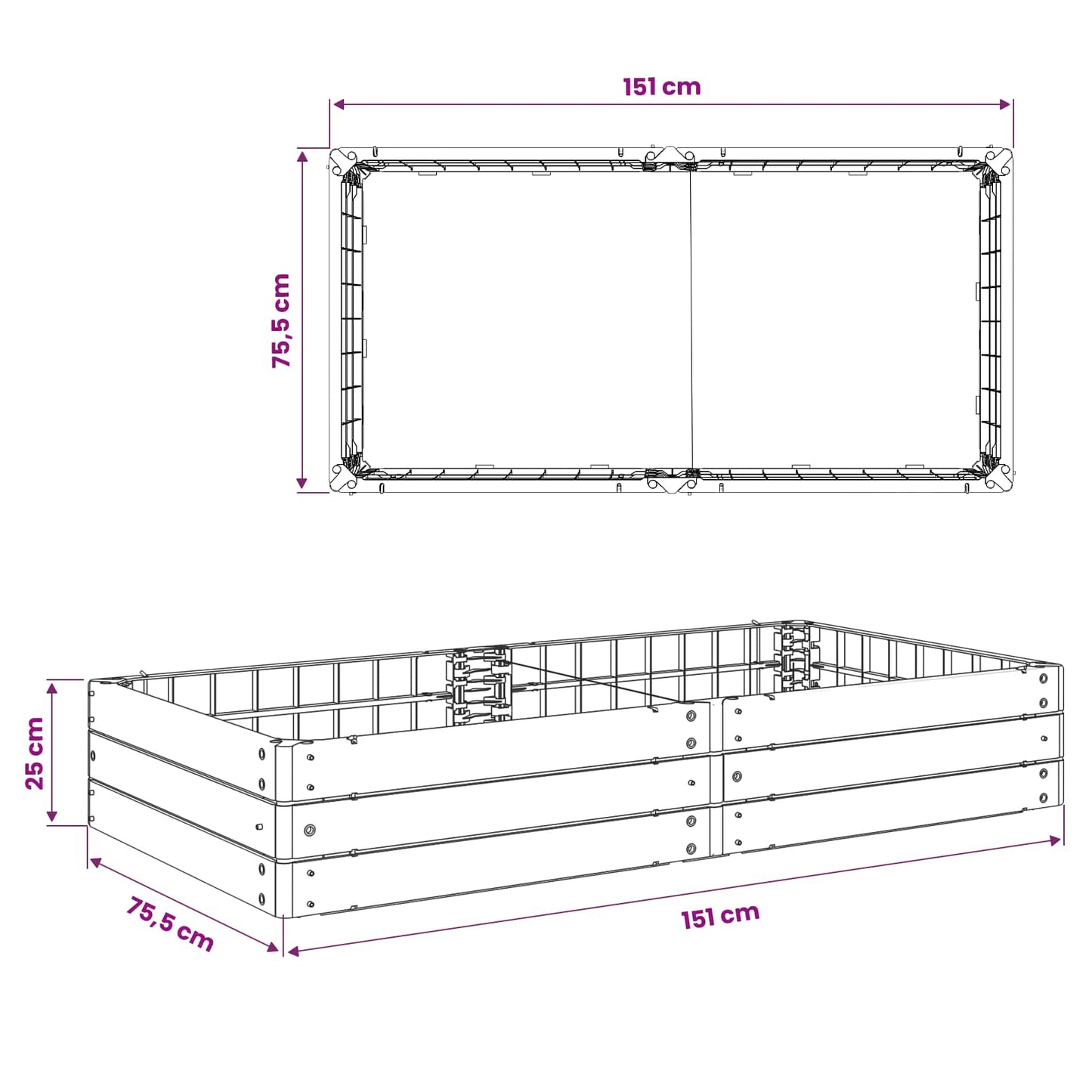 Hevet bed Svart 151 x 75,5 x 25 cm PP