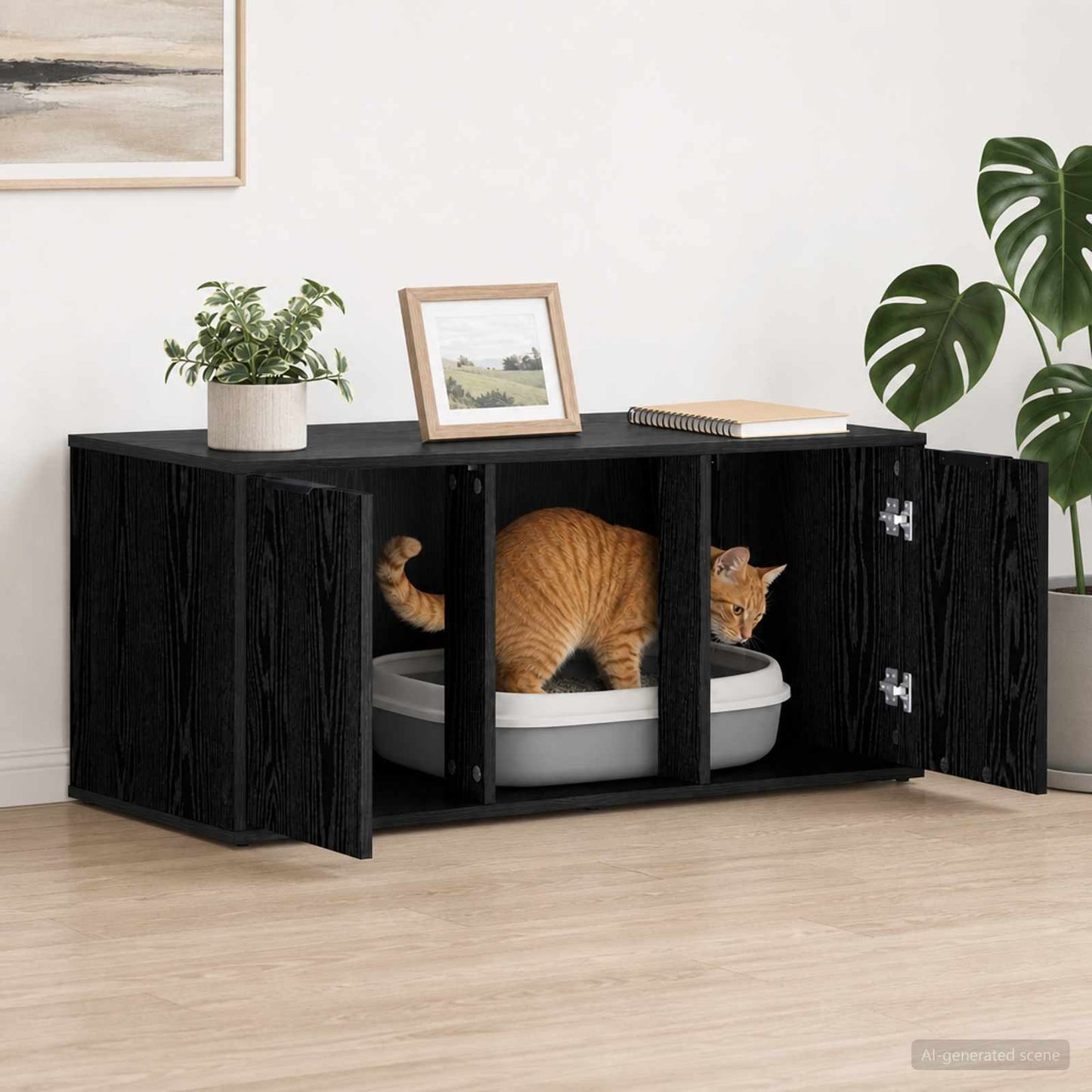 Katt bur møbel Svart eik 100 x 49 x 45 cm Konstruert tre