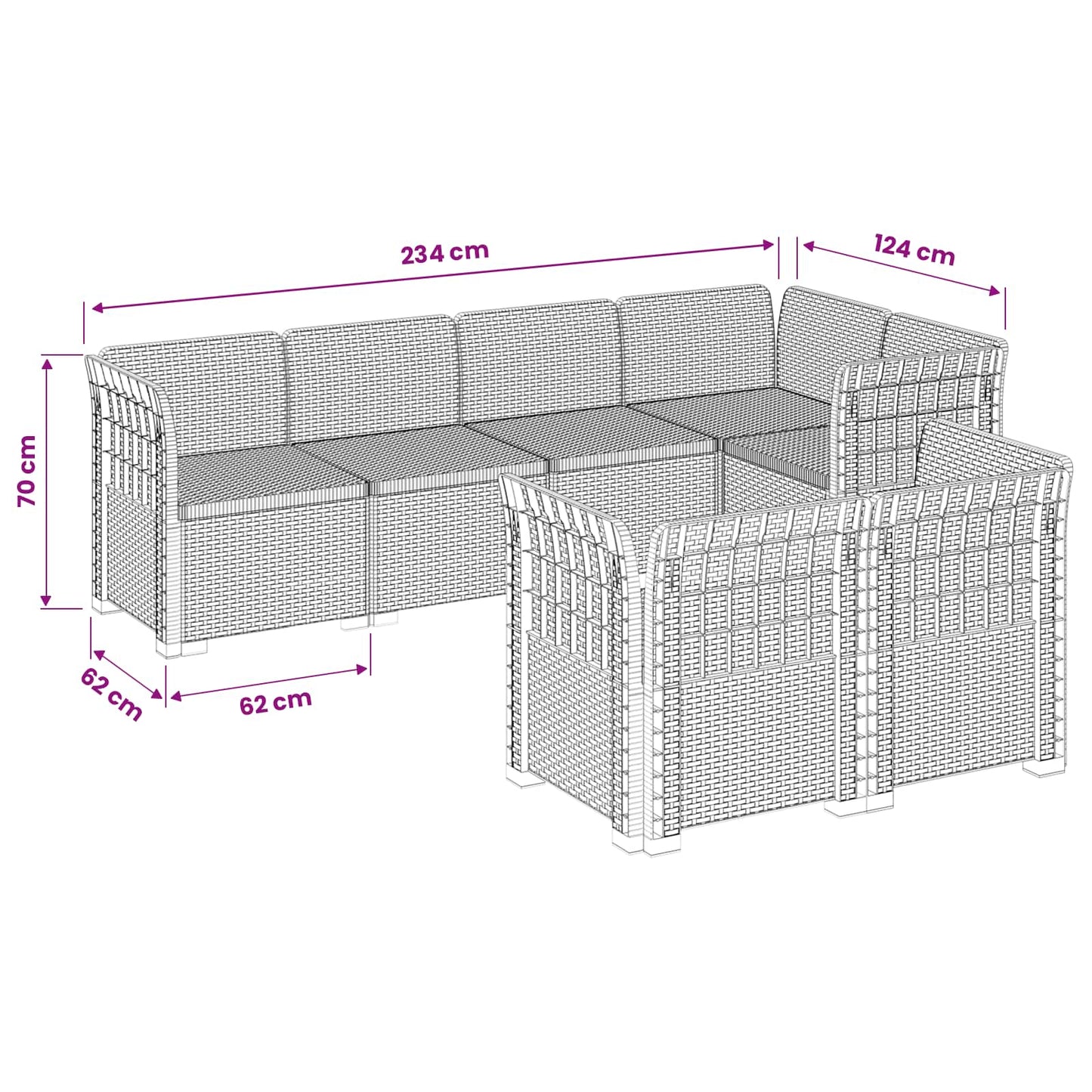 7-seters hage sofa i rattan-look PP Lysegrå