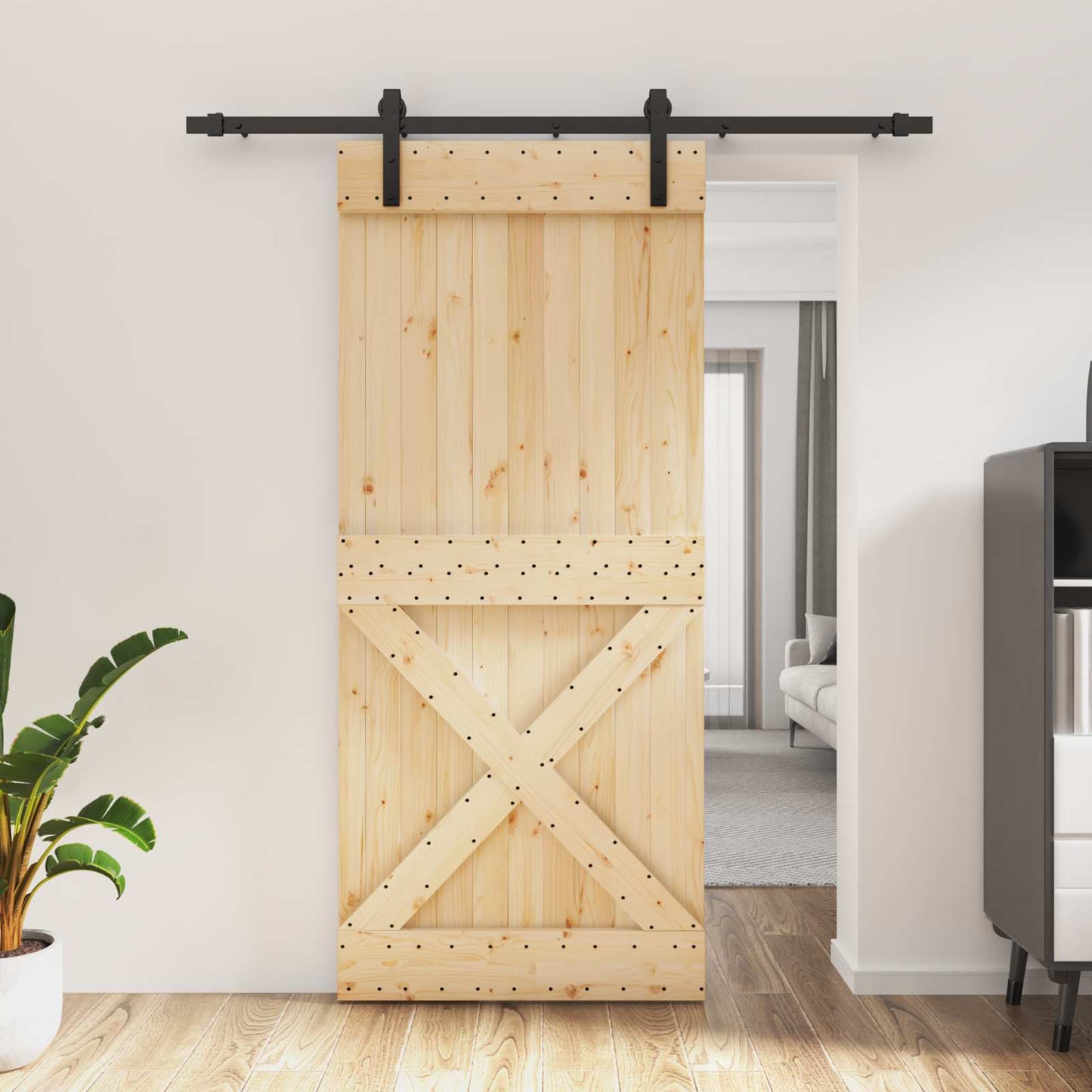 Skyvedør Naturlig og svart 90 x 210 cm Massiv Furu Tre