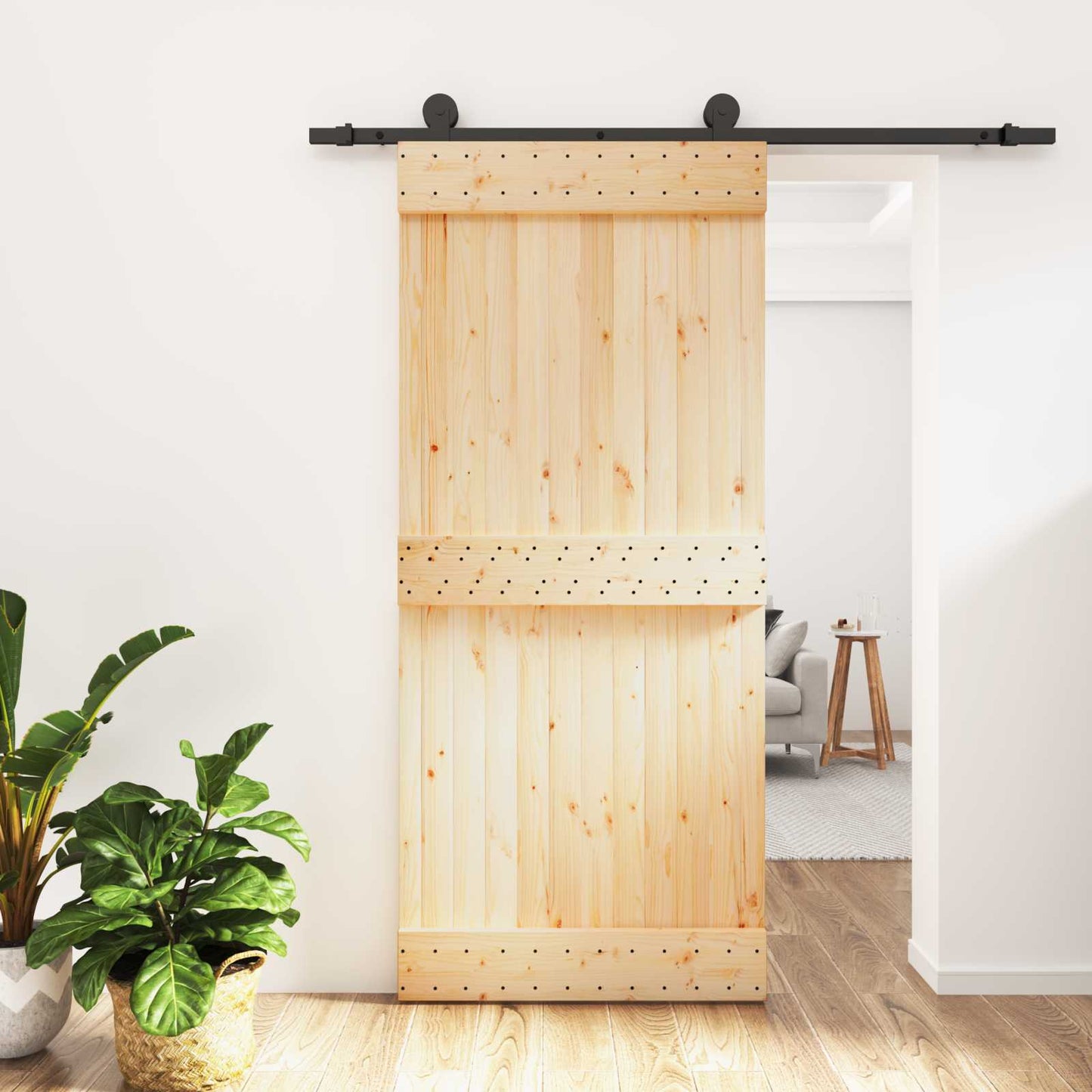 Skyvedør Naturlig og svart 90 x 210 cm Massiv Furu Tre