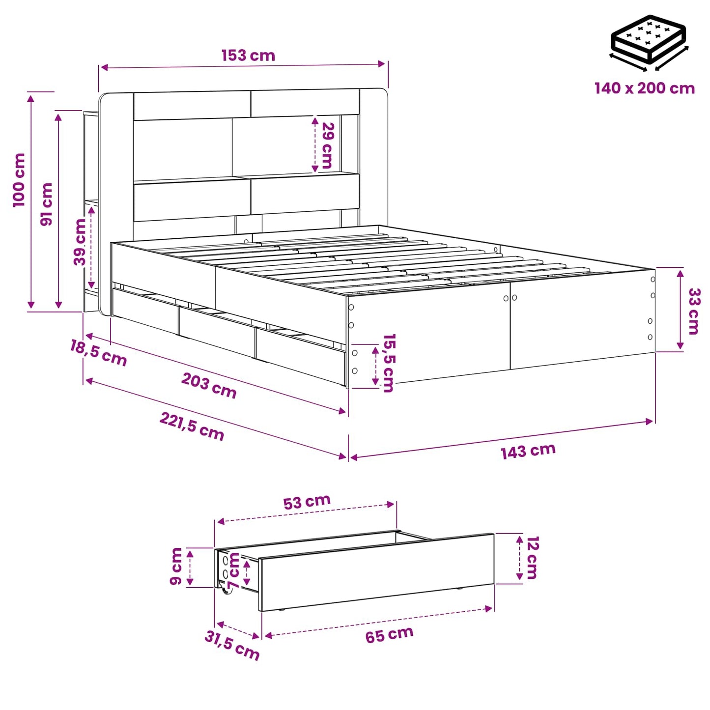 Sengramme med oppbevaring og hodegavl Artisan eik 140 x 190 cm