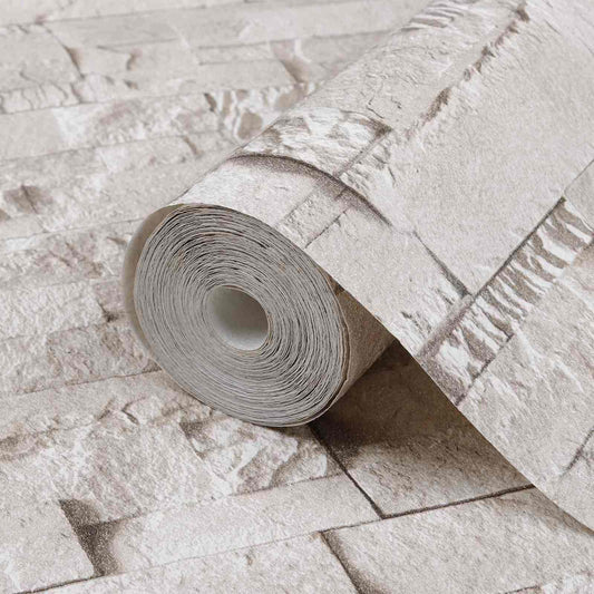 3D Stein Tapet Krem 10 x 0,53 m Non-Woven Stof