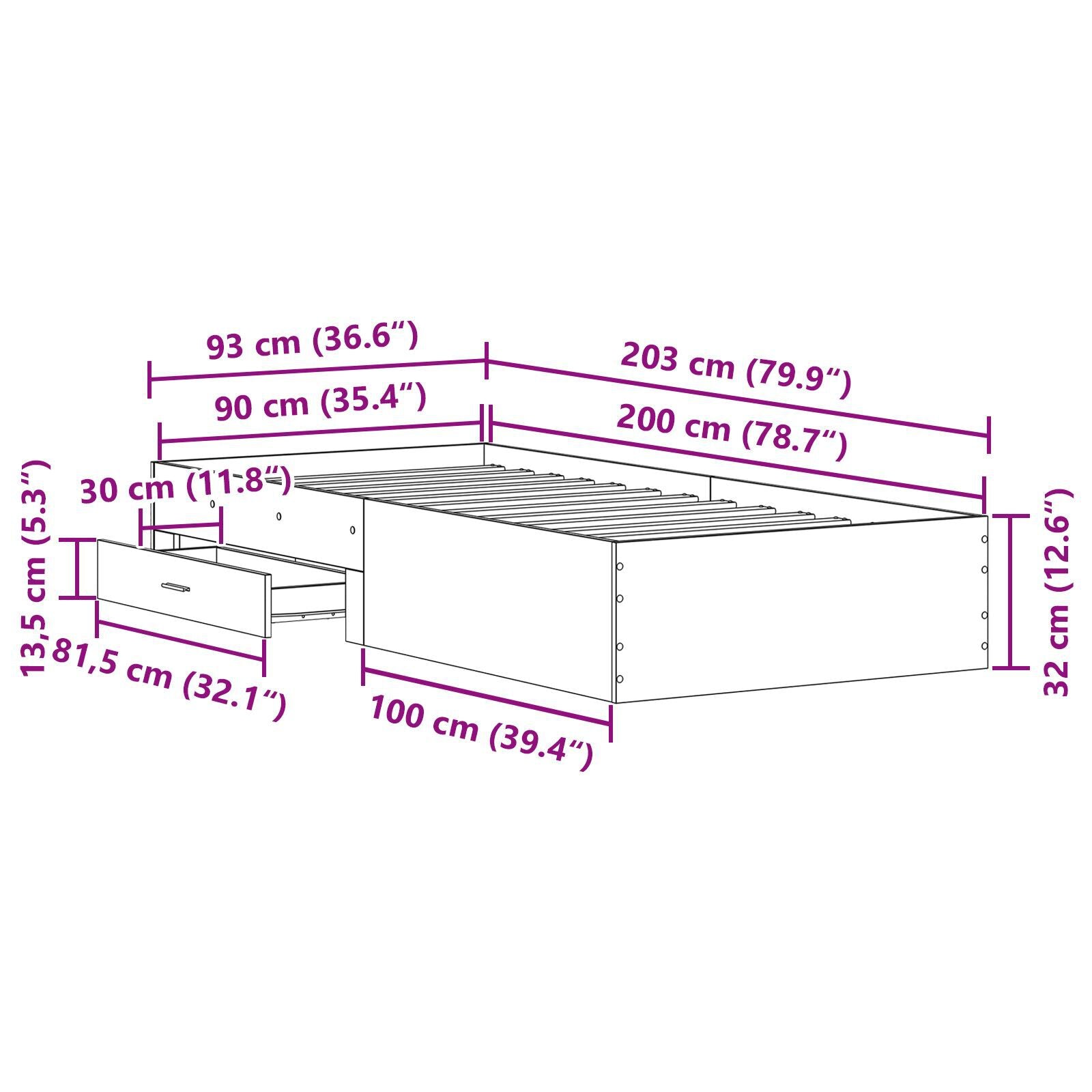 Sengestamme med skuff Gamle tre 90 x 200 cm Konstruert tre
