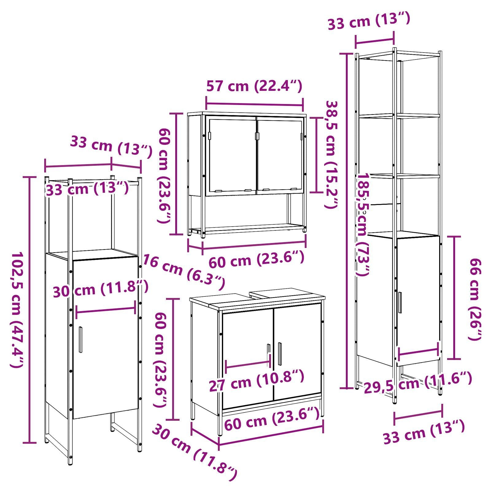 Baderomsinnredningssett med dør 4 pcs Brun 33 x 33 x 185.5 cm