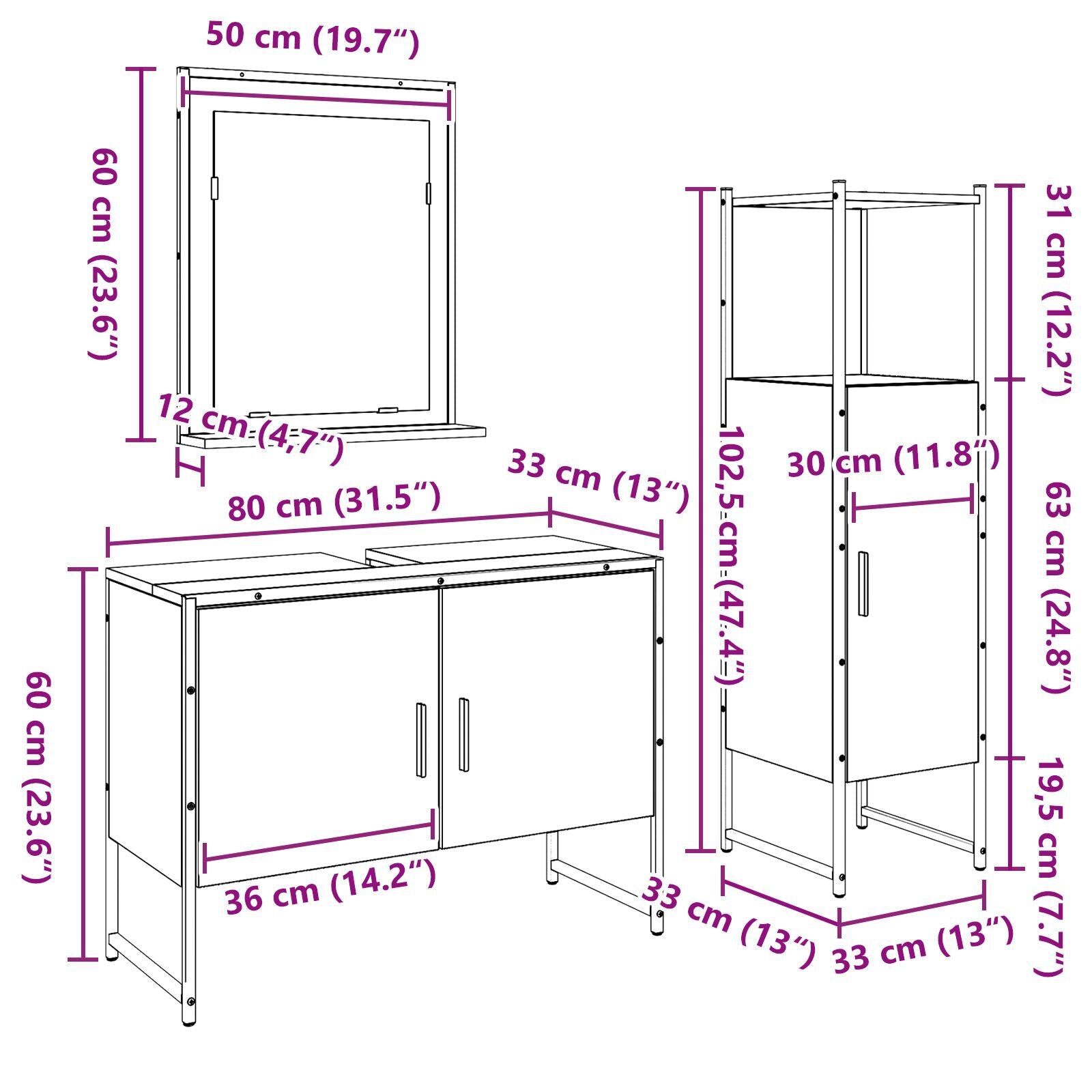 Baderomsinnredningssett med dør 3 pcs Brun 33 x 33 x 102.5 cm