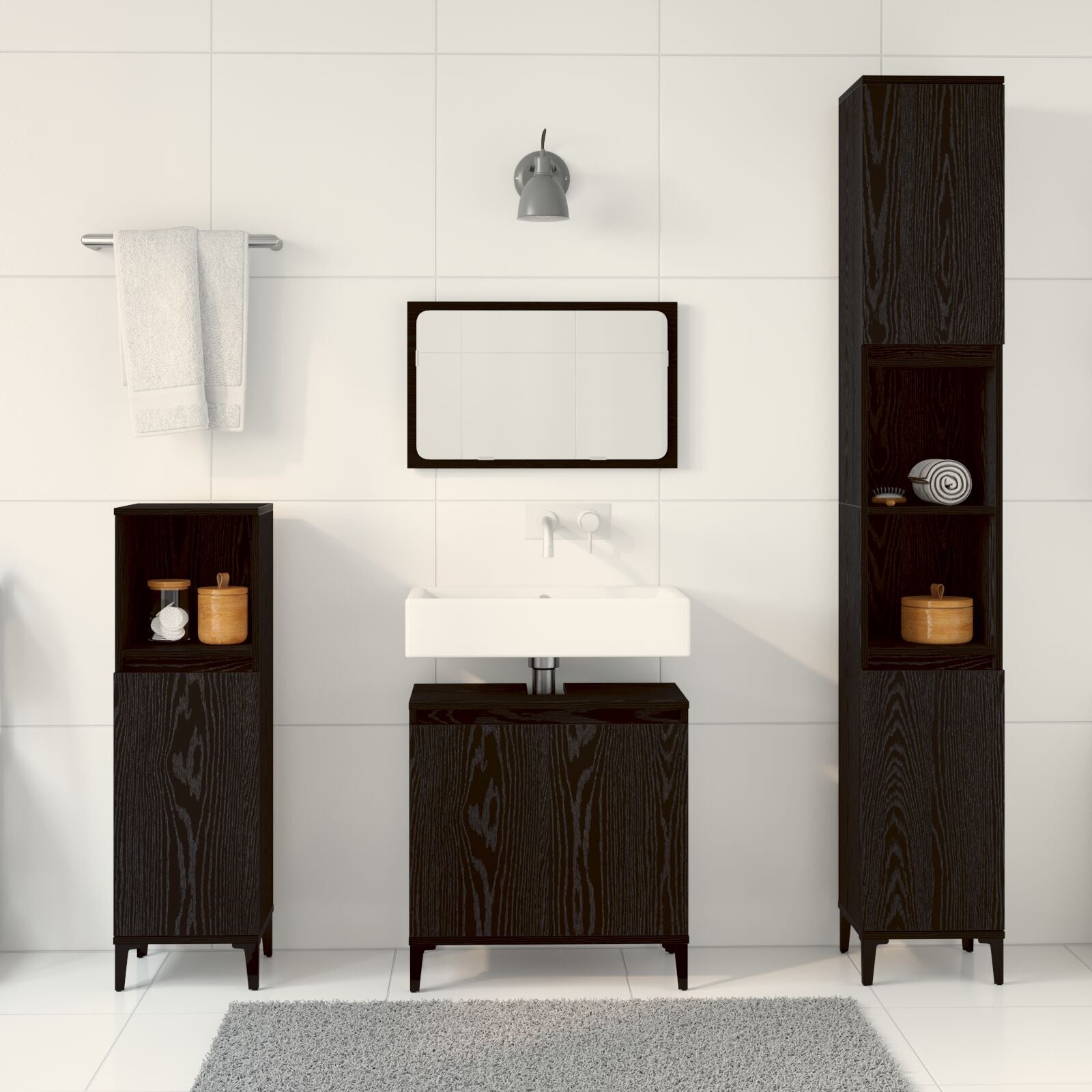 Baderomsinnredningssett med dør 3 pcs Svart 30 x 30 x 180 cm