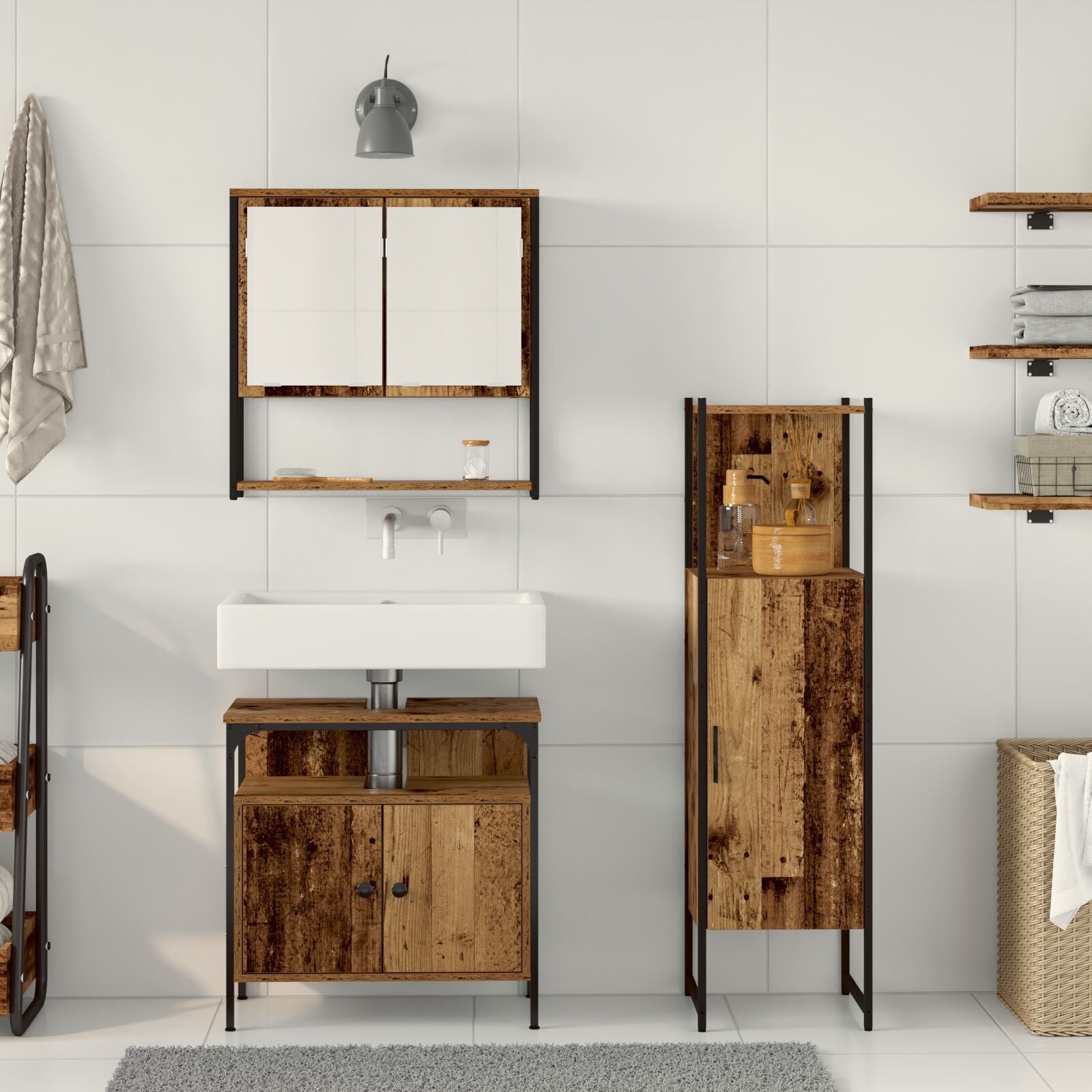 Baderomsinnredningssett med dør 3 pcs Brun 33 x 33 x 120.5 cm