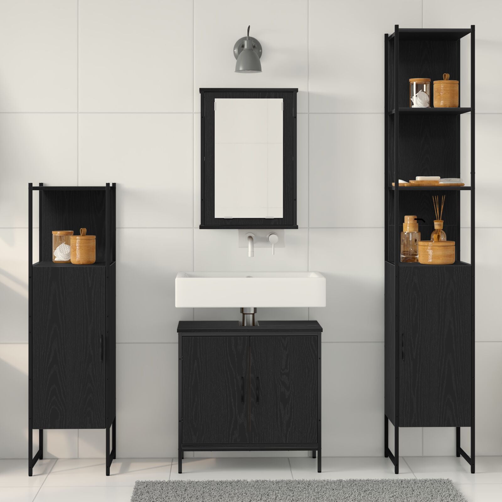 Baderomsinnredningssett med dør 4 pcs Svart 33 x 33 x 185.5 cm