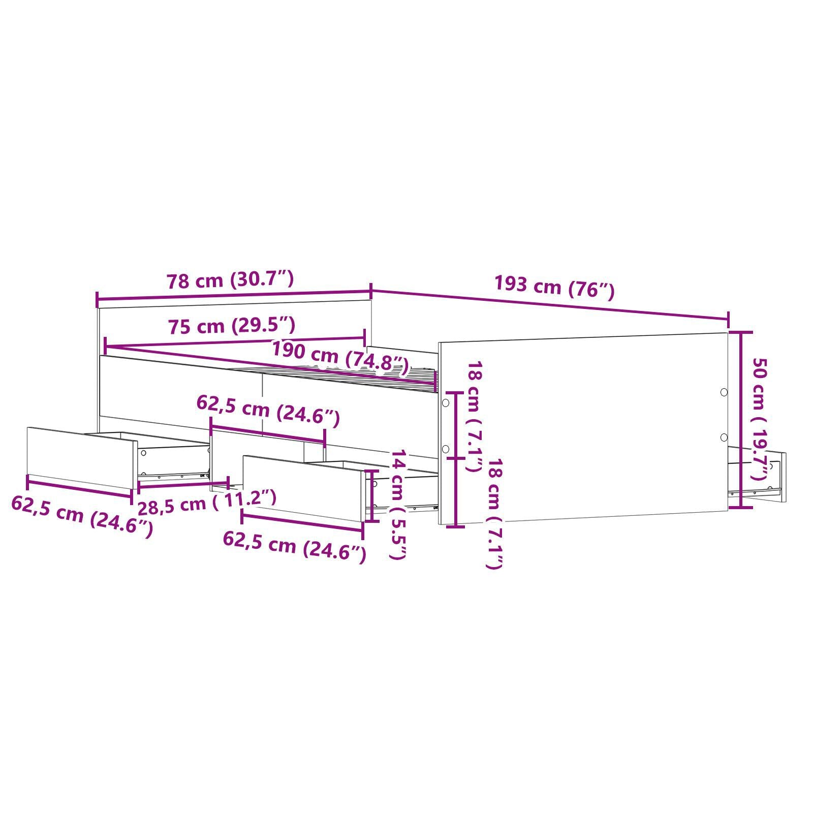 Sengestamme med skuff Gamle tre 193 x 78 x 50 cm Konstruert tre