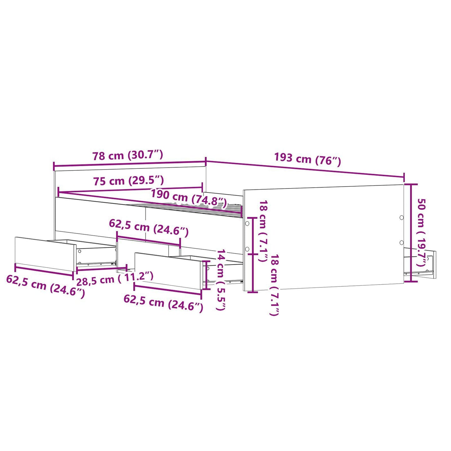 Sengestamme med skuff Gamle tre 193 x 78 x 50 cm Konstruert tre