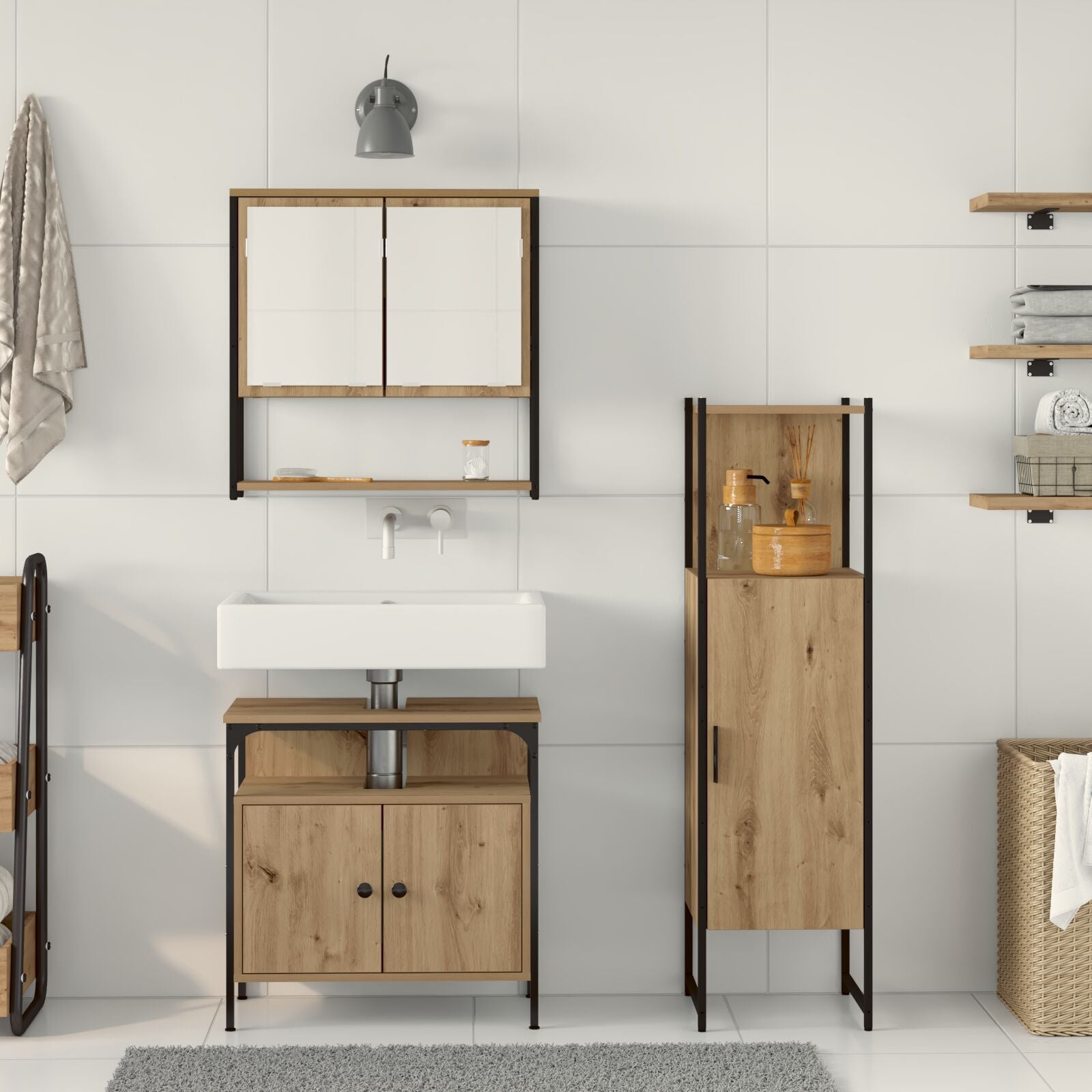 Baderomsinnredningssett med dør 3 pcs Brun 33 x 33 x 120.5 cm