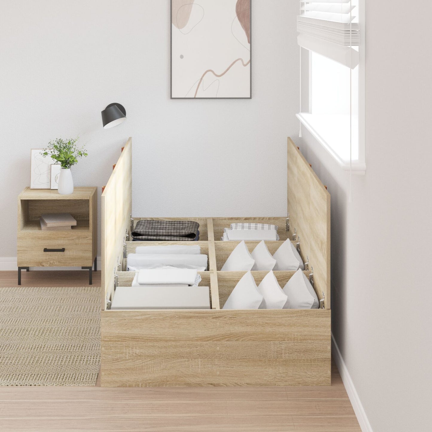 Seng med lagring Sonoma eik 100 x 200 cm Konstruert tre