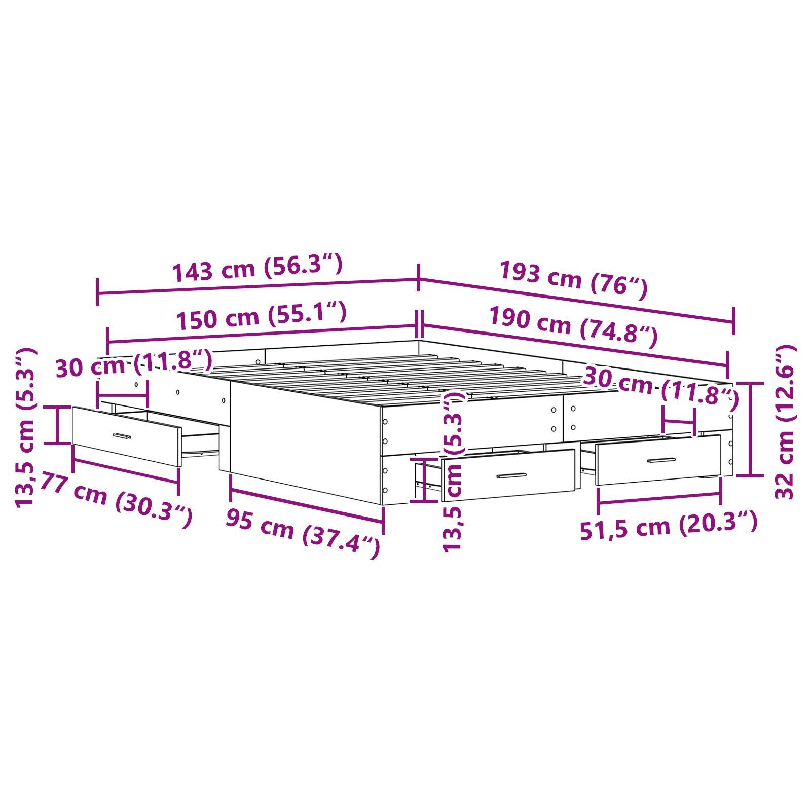 Sengestamme med skuff Gamle tre 140 x 190 cm Konstruert tre
