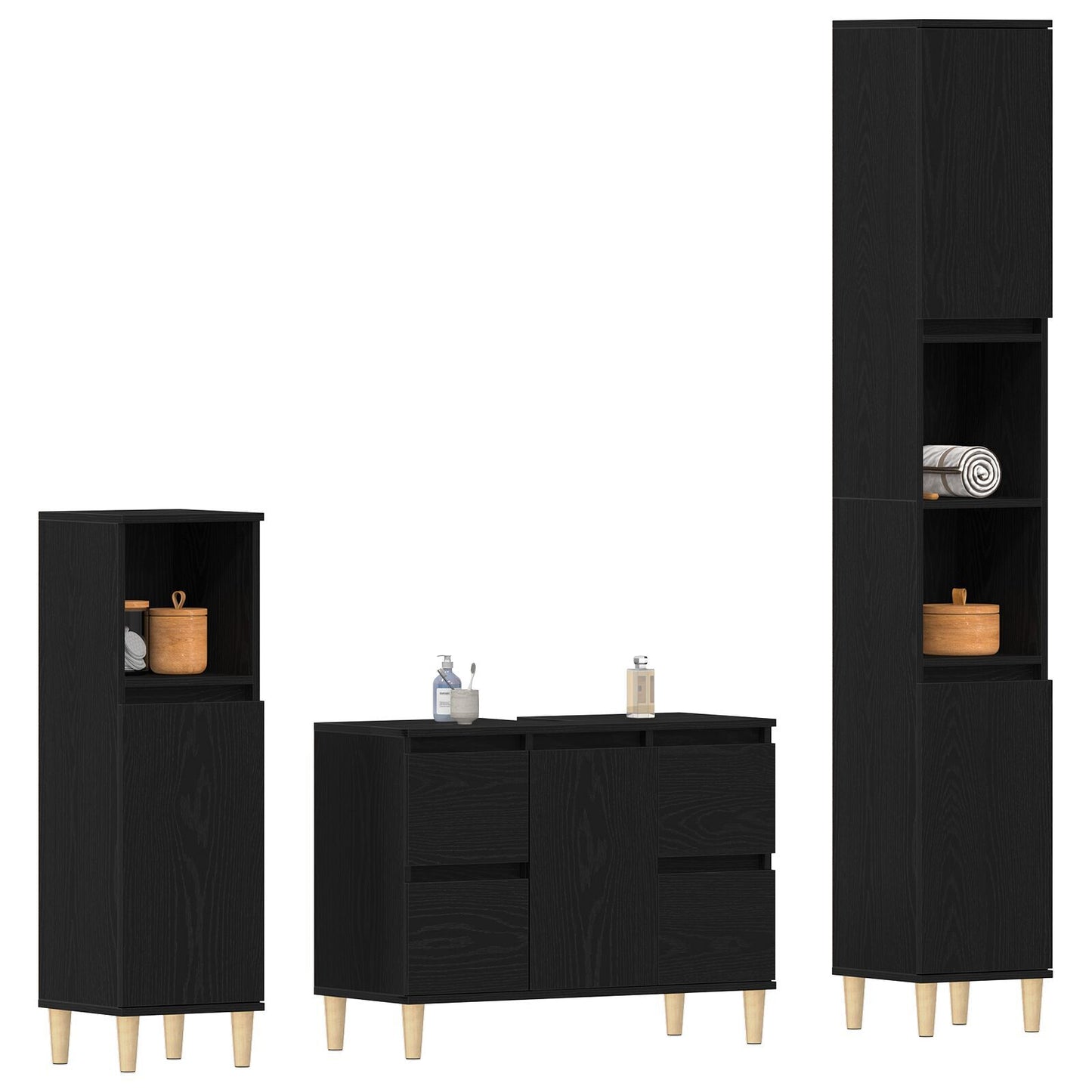 Baderomsinnredningssett 3 pcs Svart Eik Ingeniørtre og metall