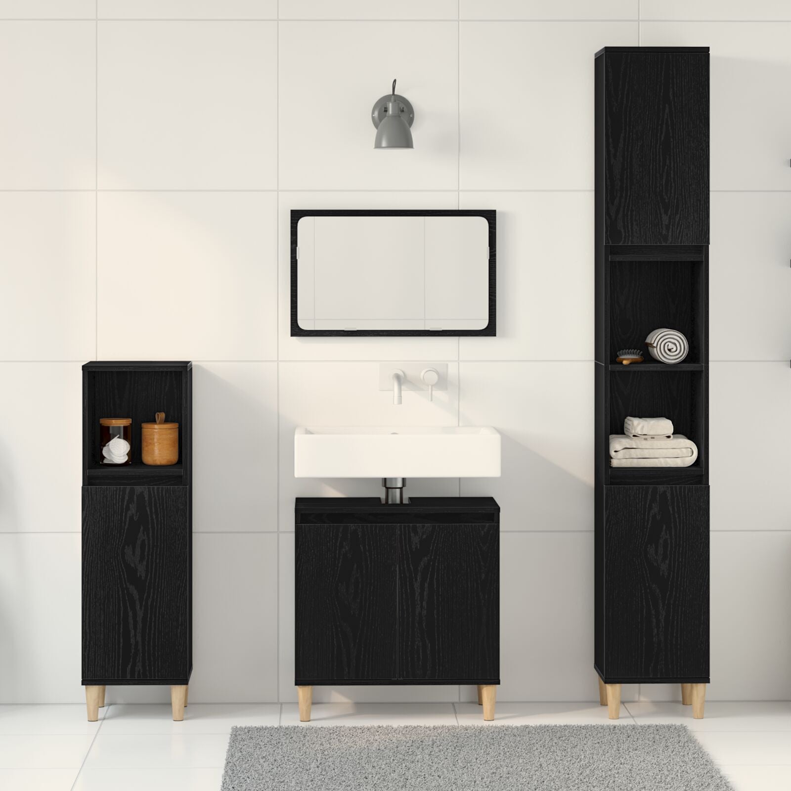 Baderomsinnredningssett med dør 3 pcs Svart 30 x 30 x 180 cm