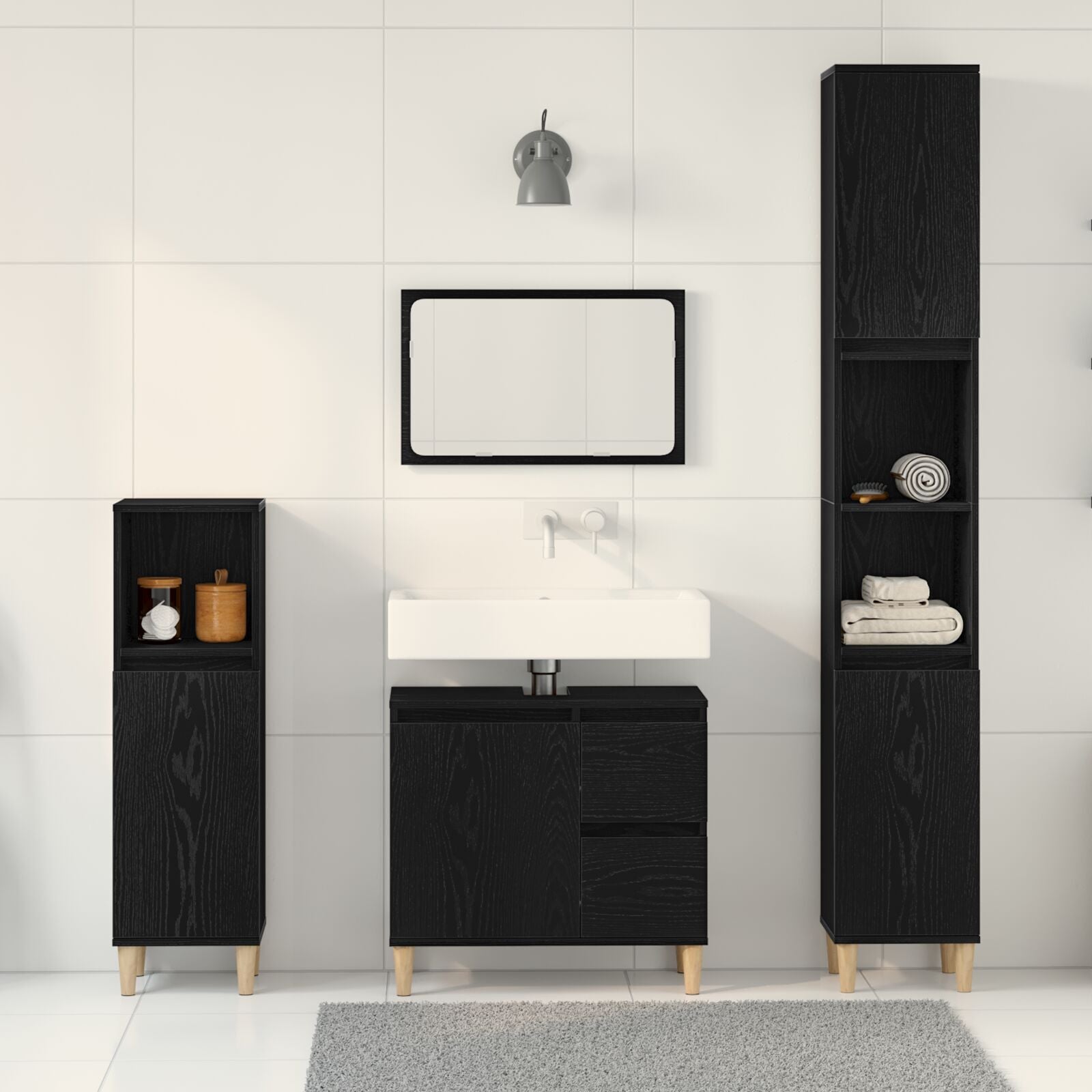 Baderomsinnredningssett med skuff 3 pcs Svart 30 x 30 x 180 cm
