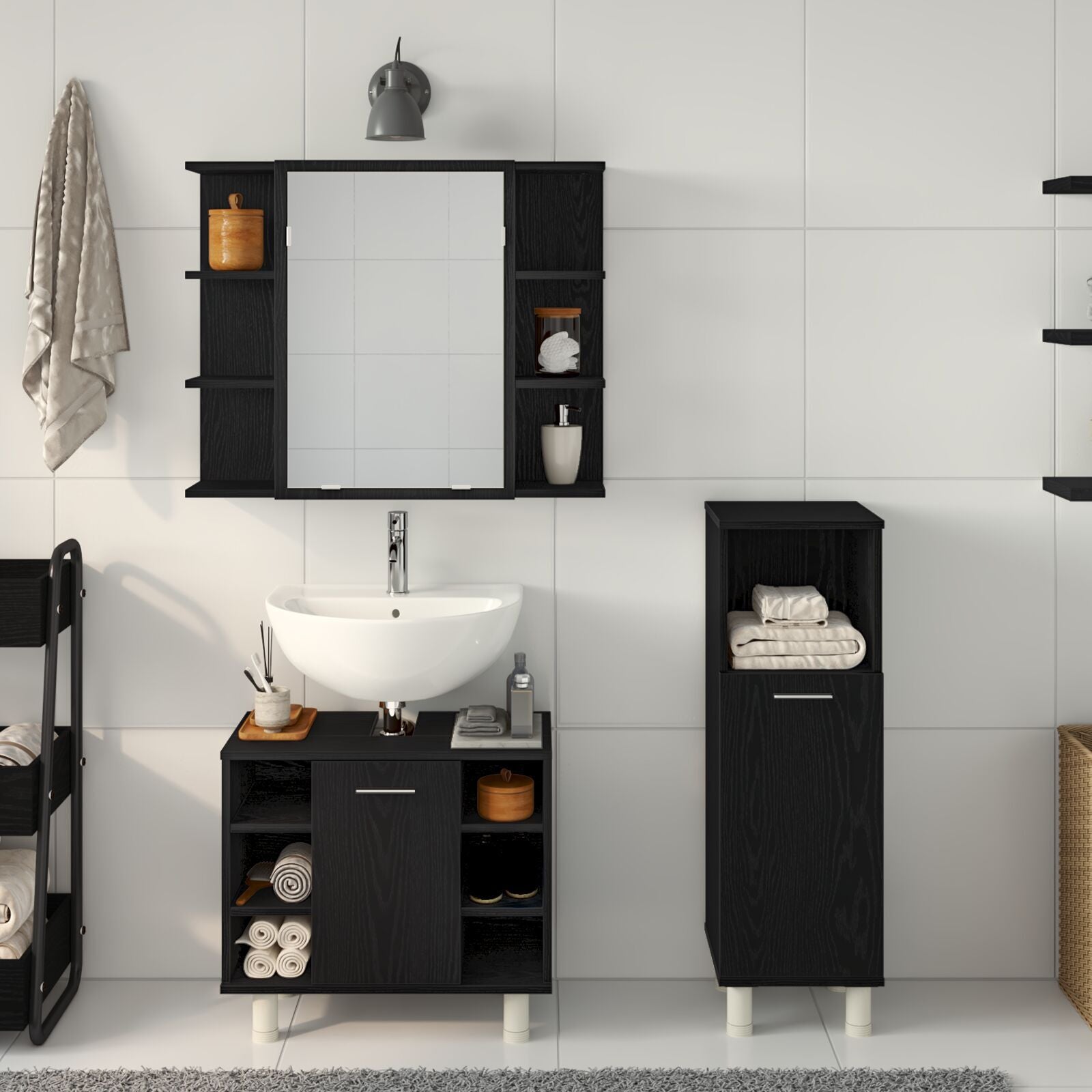 Baderomsinnredningssett med hylle 3 pcs Svart 30 x 30 x 99.5 cm