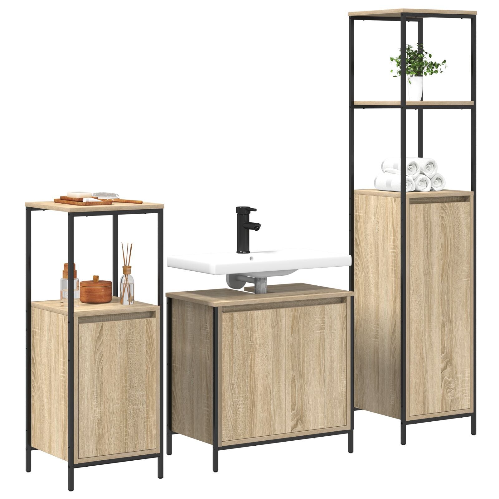 Baderomsinnredningssett med hylle 3 pcs Sonoma eik og svart