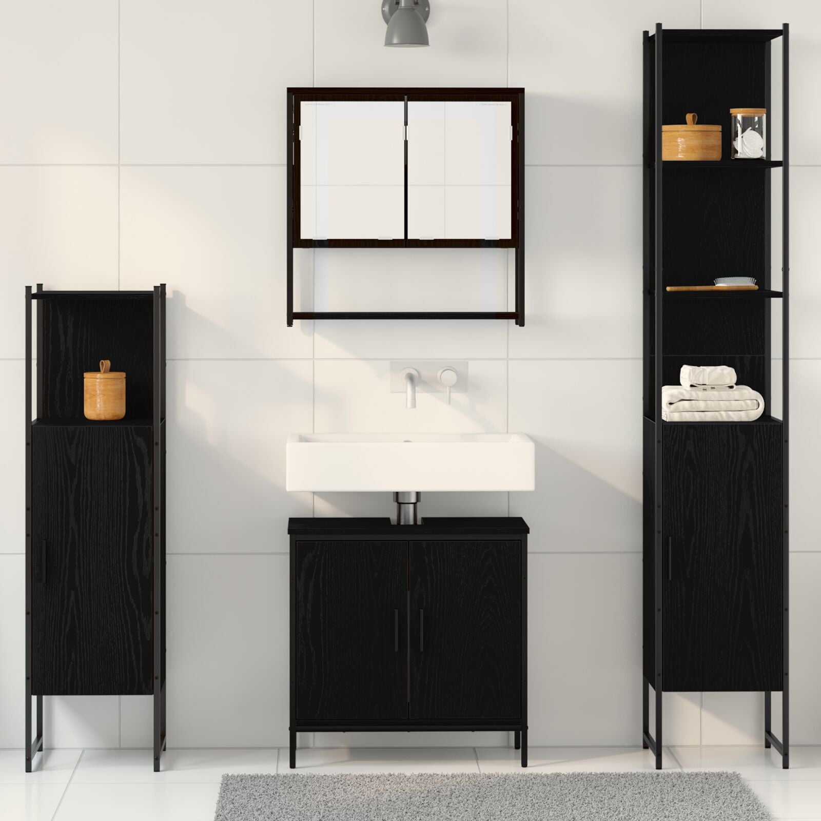 Baderomsinnredningssett med dør 4 pcs Svart 33 x 33 x 185.5 cm
