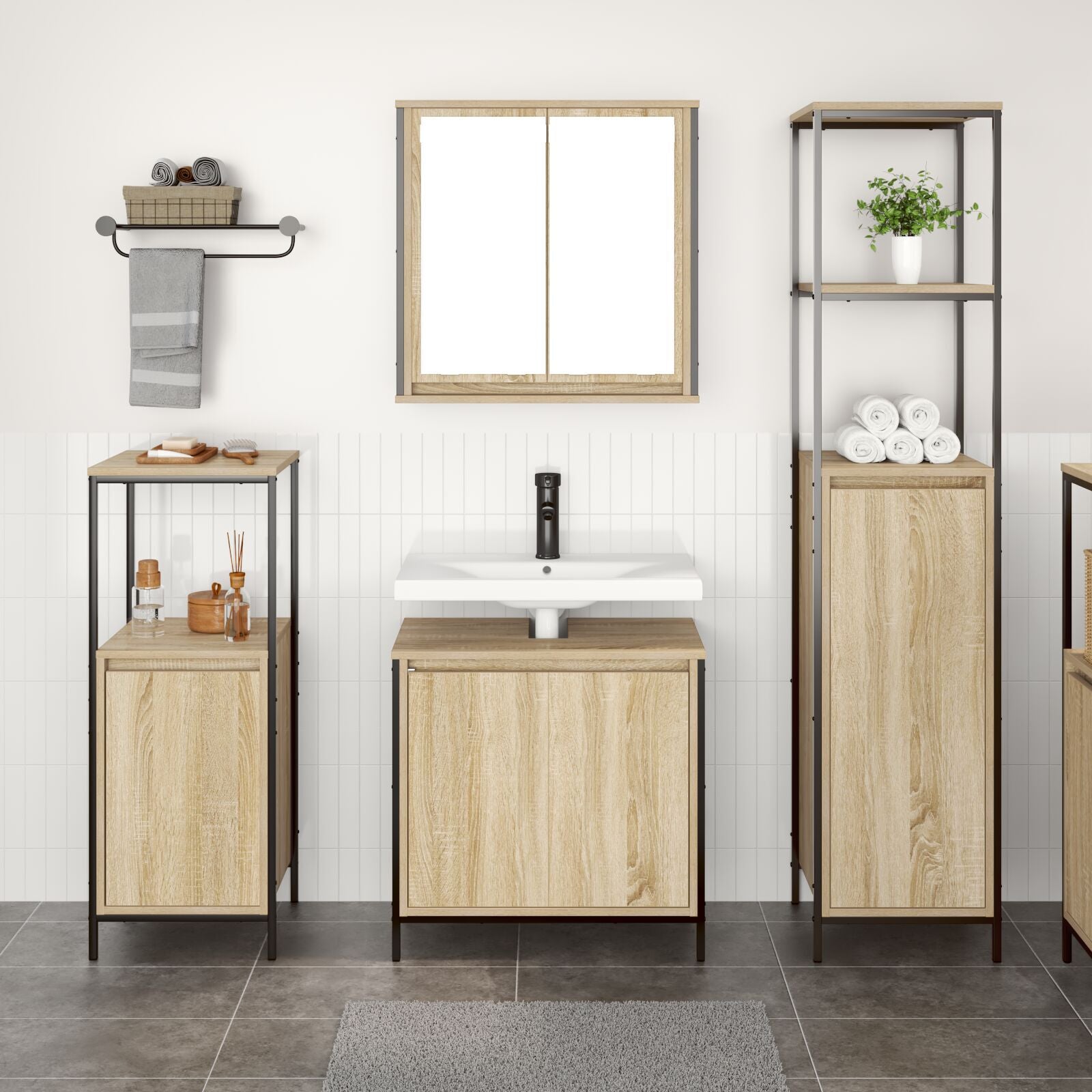 Baderomsinnredningssett med hylle 3 pcs Sonoma eik og svart