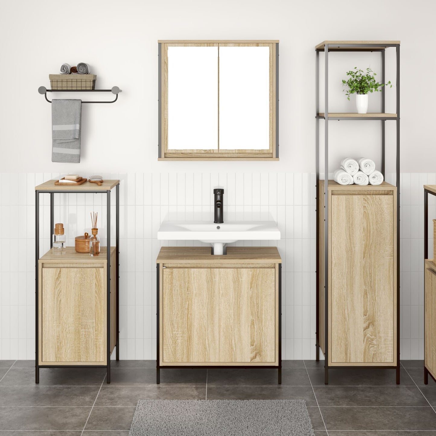 Baderomsinnredningssett med hylle 3 pcs Sonoma Eik og Svart