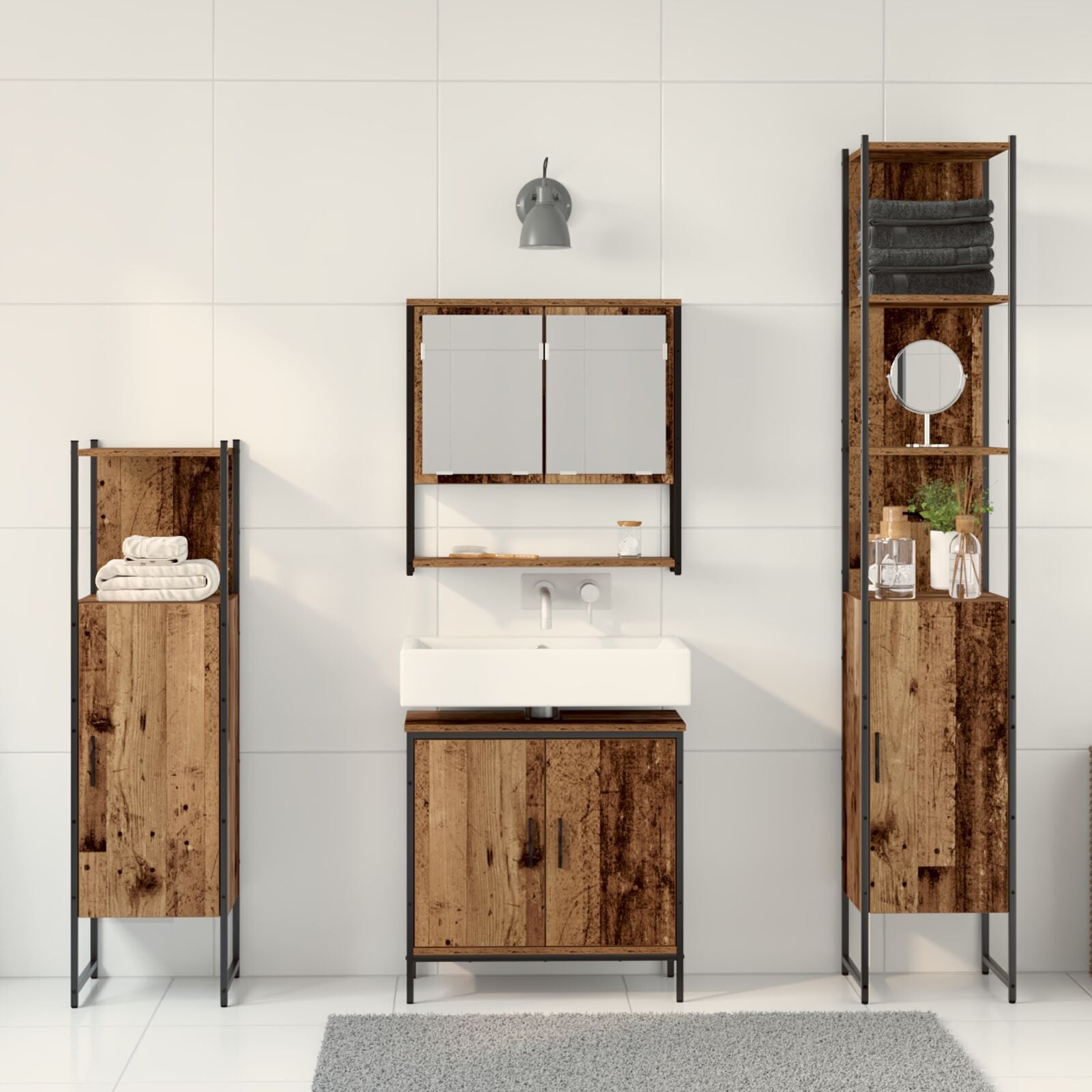 Baderomsinnredningssett med dør 4 pcs Brun 33 x 33 x 185.5 cm