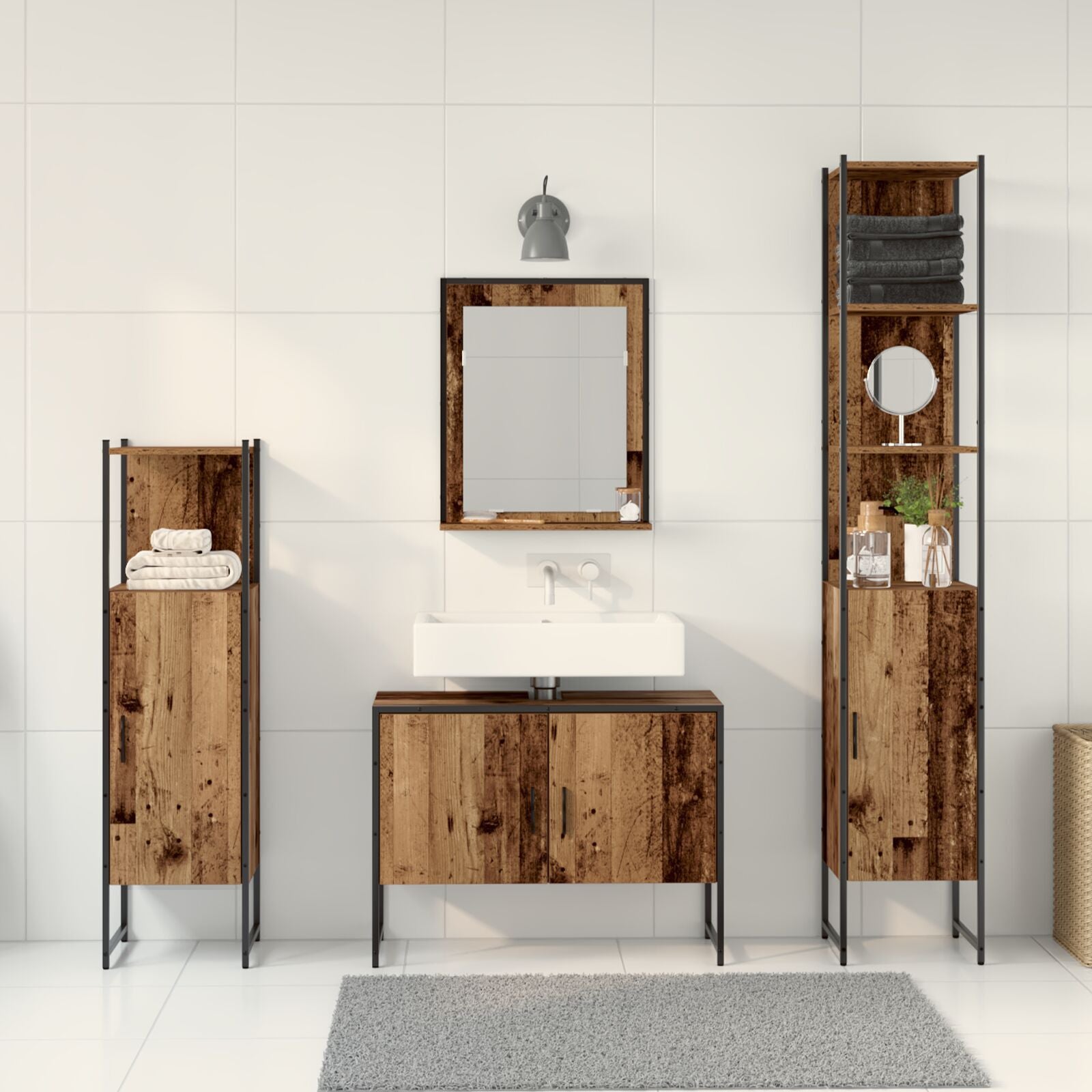 Baderomsinnredningssett med dør 4 pcs Brun 33 x 33 x 185.5 cm
