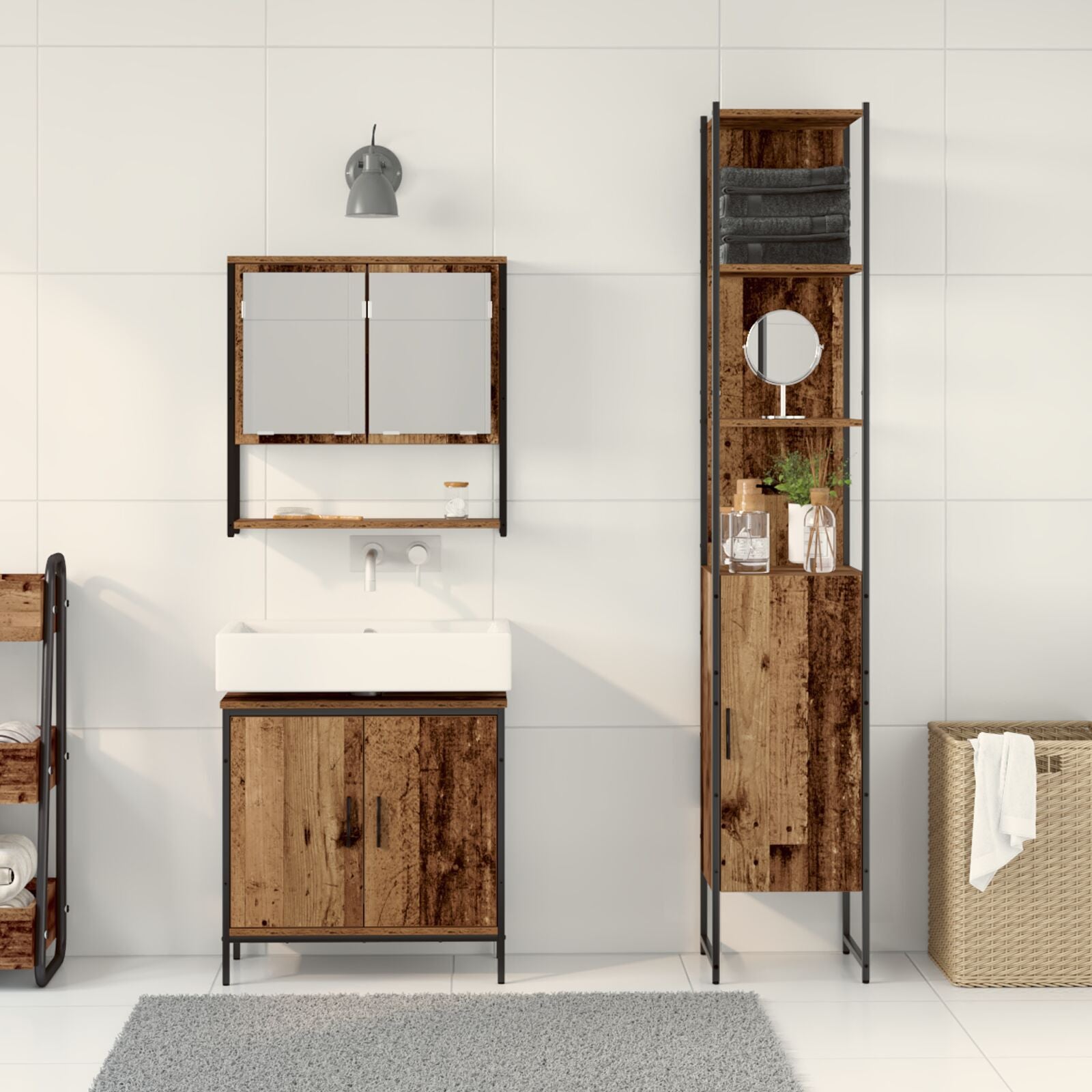 Baderomsinnredningssett med hylle 3 pcs Brun 33 x 33 x 185.5 cm