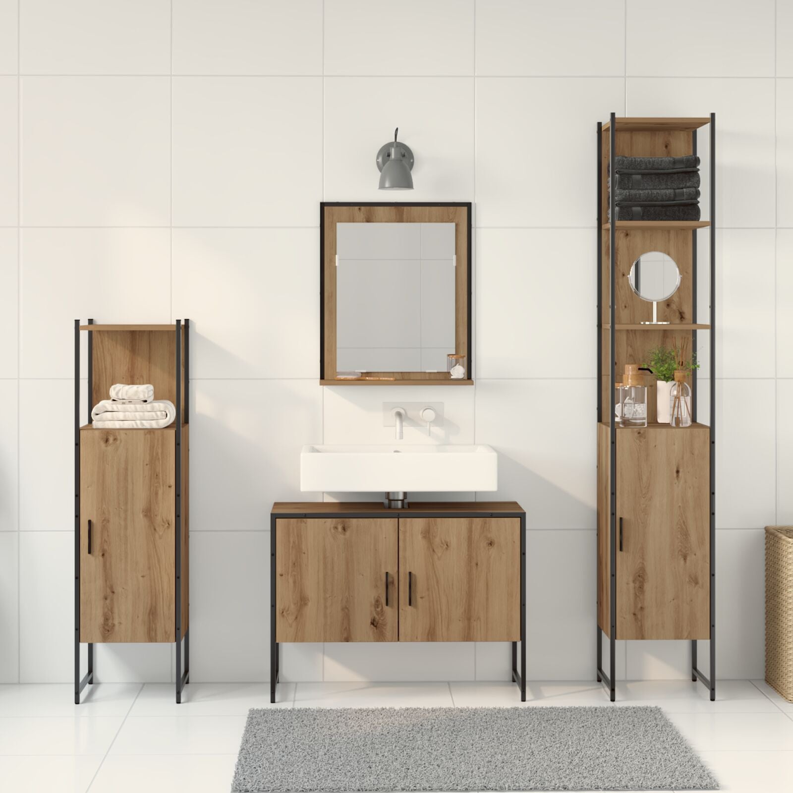 Baderomsinnredningssett med dør 4 pcs Brun 33 x 33 x 185.5 cm