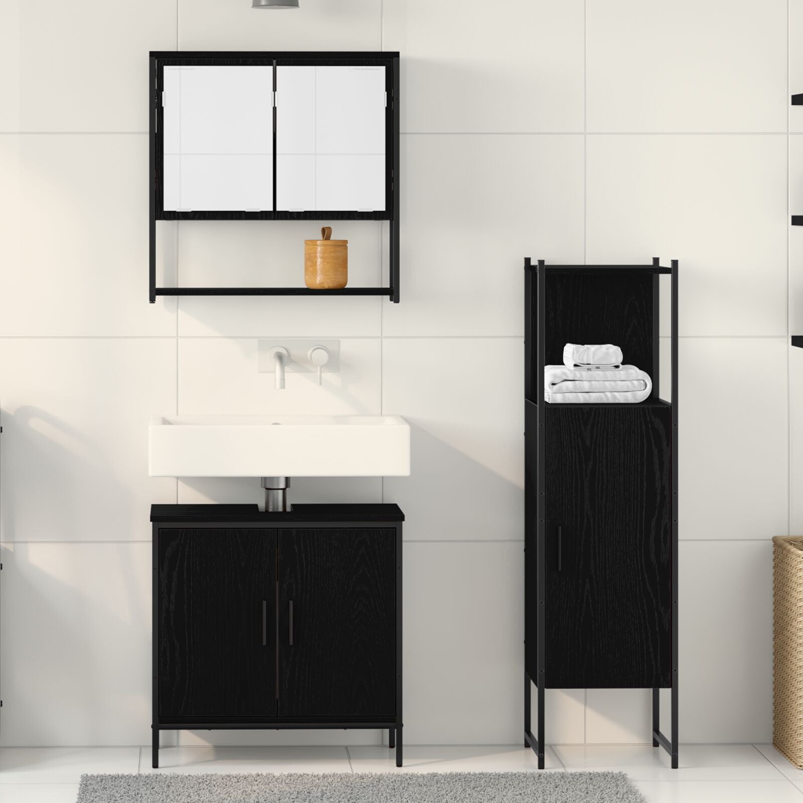 Baderomsinnredningssett med dør 3 pcs Svart 33 x 33 x 102.5 cm