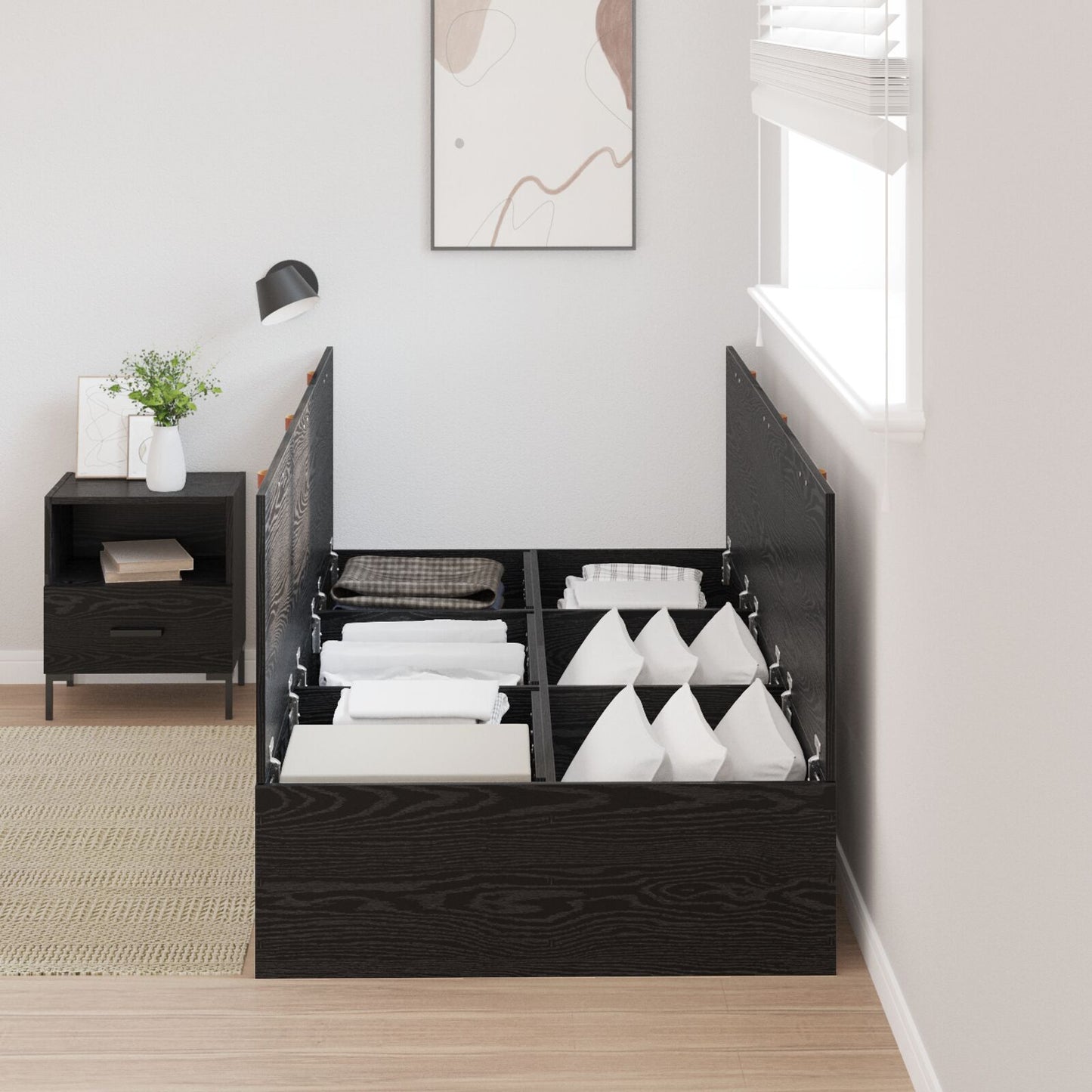 Seng med lagring Svart Eik 100 x 200 cm Konstruert tre