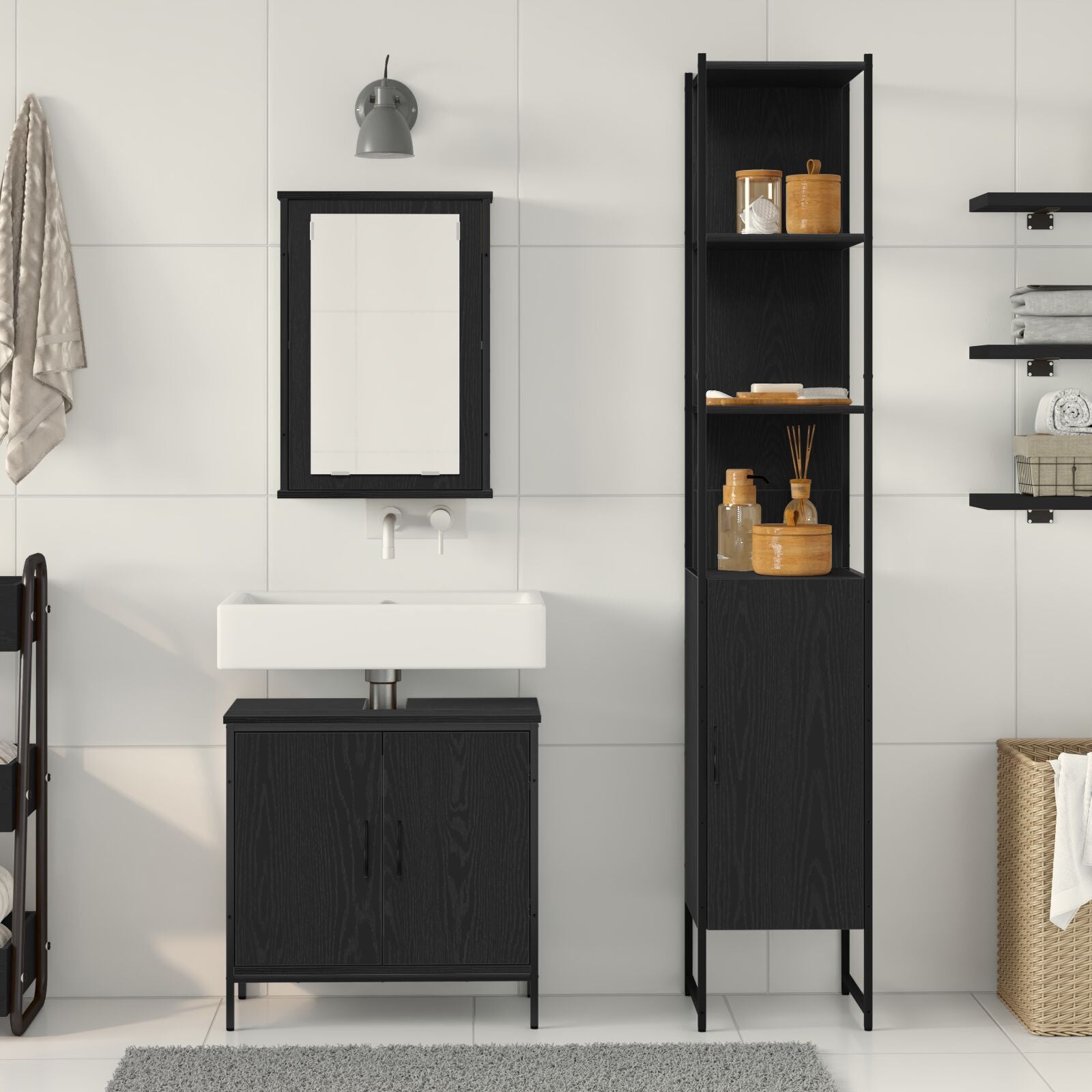 Baderomsinnredningssett med dør 3 pcs Svart 33 x 33 x 185.5 cm